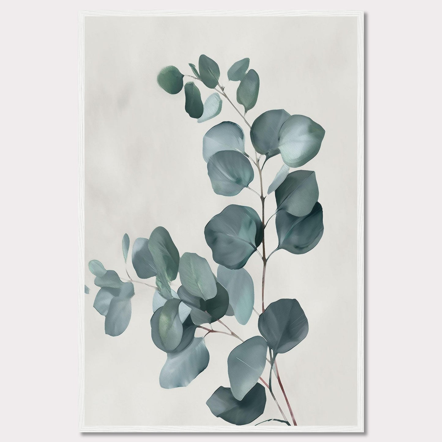 This image showcases a minimalist botanical artwork featuring eucalyptus leaves. The leaves are painted in soft, muted green tones against a light background, creating a serene and calming effect.