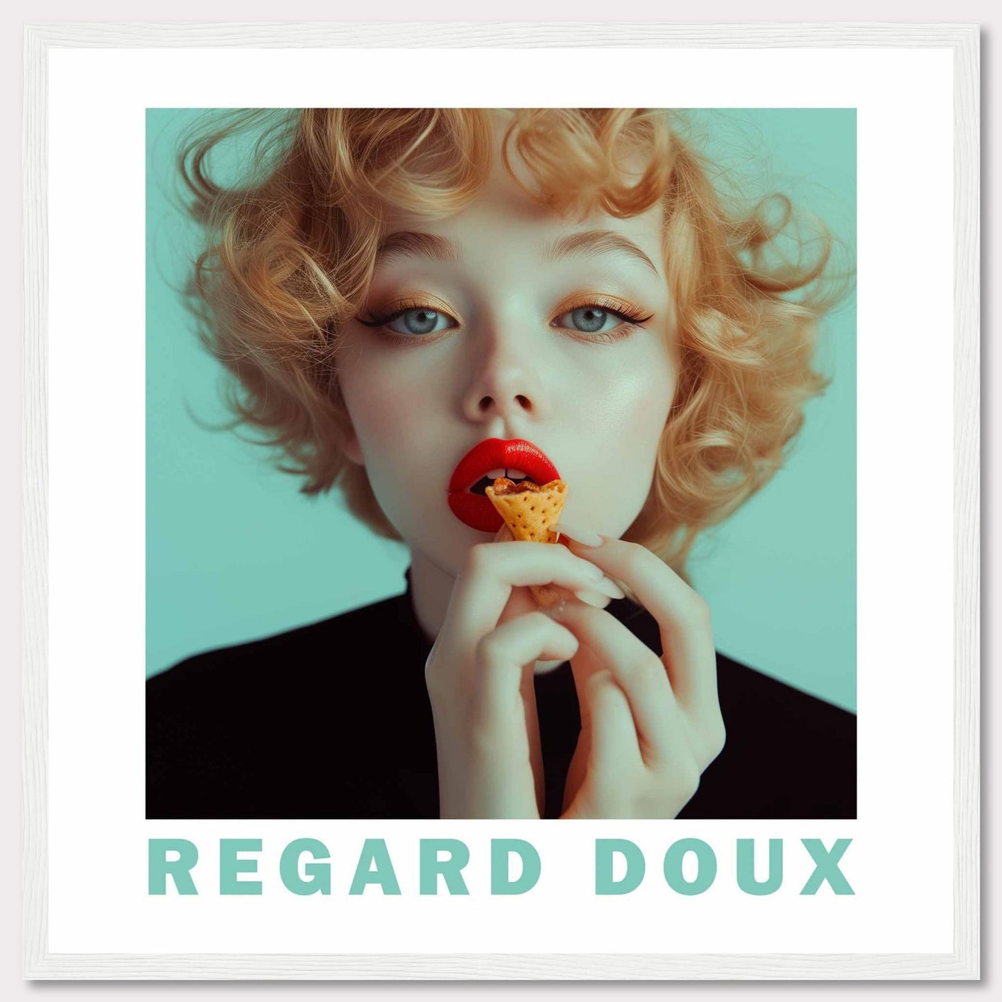 This captivating image showcases a young woman with striking red lips, holding a small cone-shaped snack close to her mouth. Her curly blonde hair frames her face beautifully, and her eyes exude a gentle, dreamy expression. The background is a soft teal color, adding to the overall serene and enchanting atmosphere. The text "REGARD DOUX" at the bottom translates to "Soft Gaze," perfectly capturing the essence of the image.