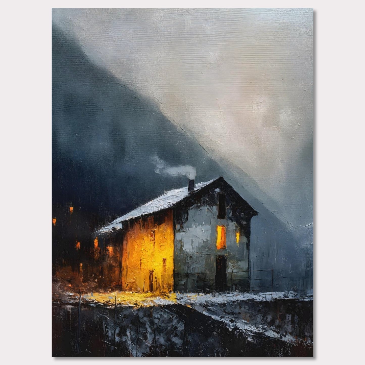 A lone alpine house burns golden against a dark and stormy backdrop. Snow lies quietly on the ground, while inside, a hearth glows with defiance and warmth. It’s a scene of refuge, strength, and a reminder that warmth is made, not found.