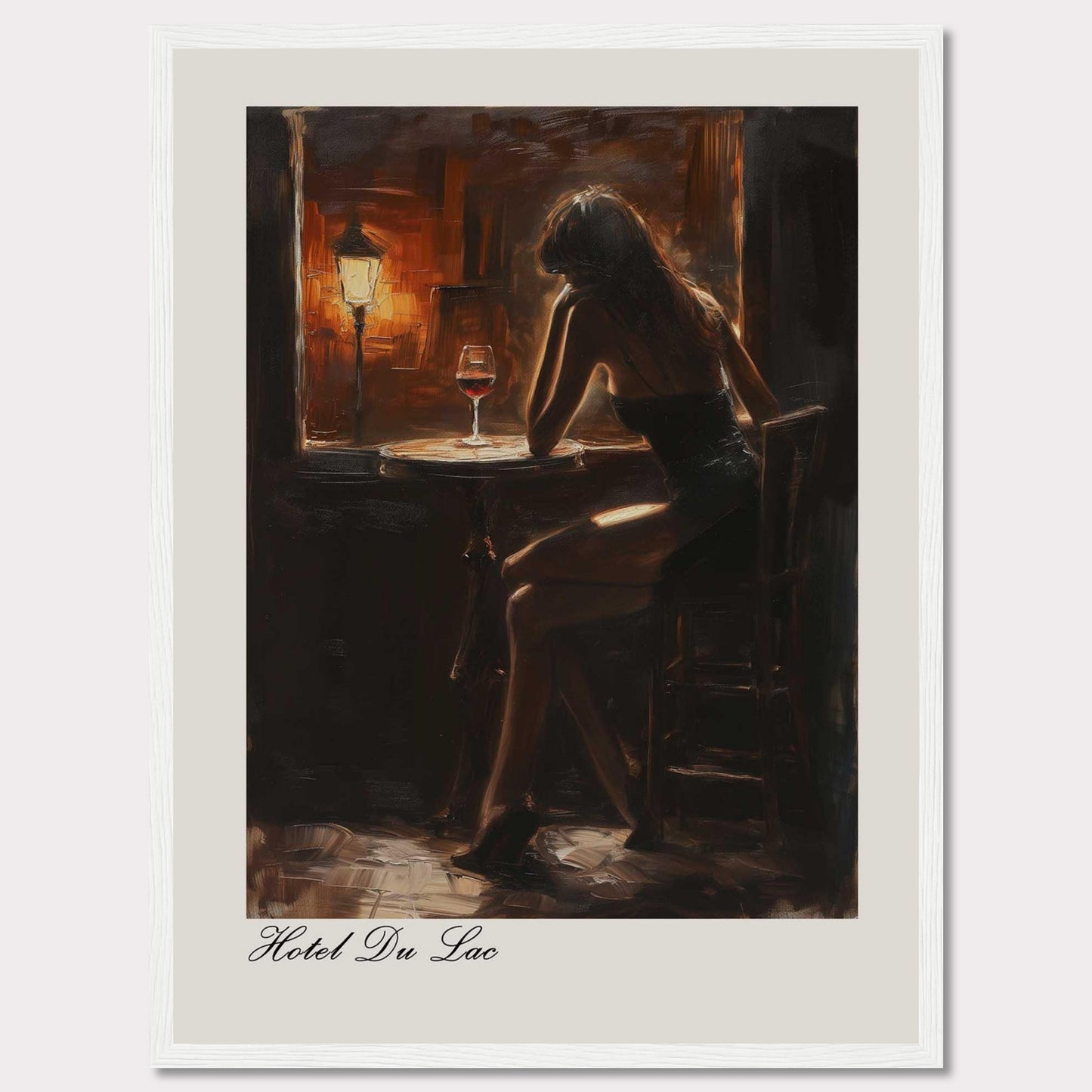 This evocative artwork captures a solitary moment in a dimly lit bar. A woman sits contemplatively at a small round table, illuminated by the warm glow of a nearby lamp. A glass of red wine rests on the table, adding to the intimate and reflective atmosphere. The painting is titled "Hotel Du Lac," suggesting a scene filled with stories and emotions.