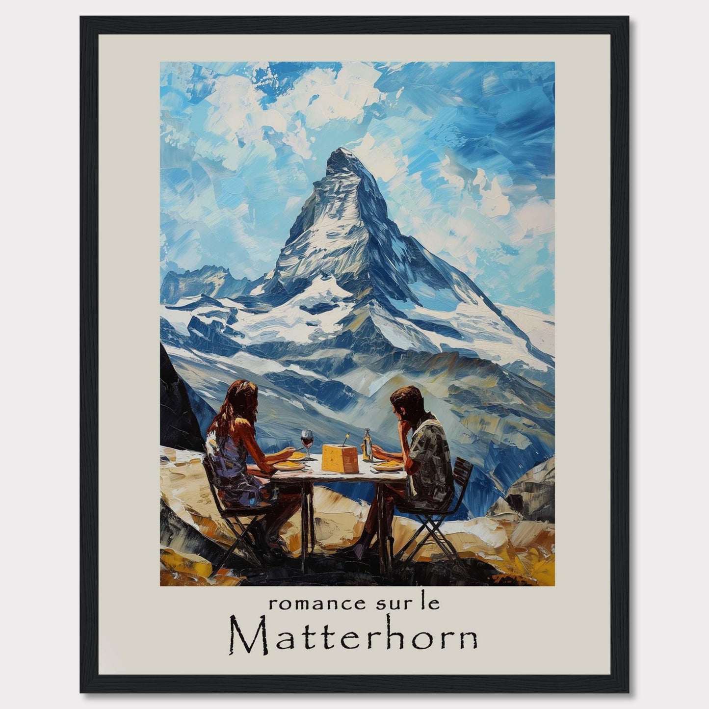 This captivating poster showcases a romantic scene at the Matterhorn, with a couple enjoying a meal against the breathtaking backdrop of the iconic mountain.