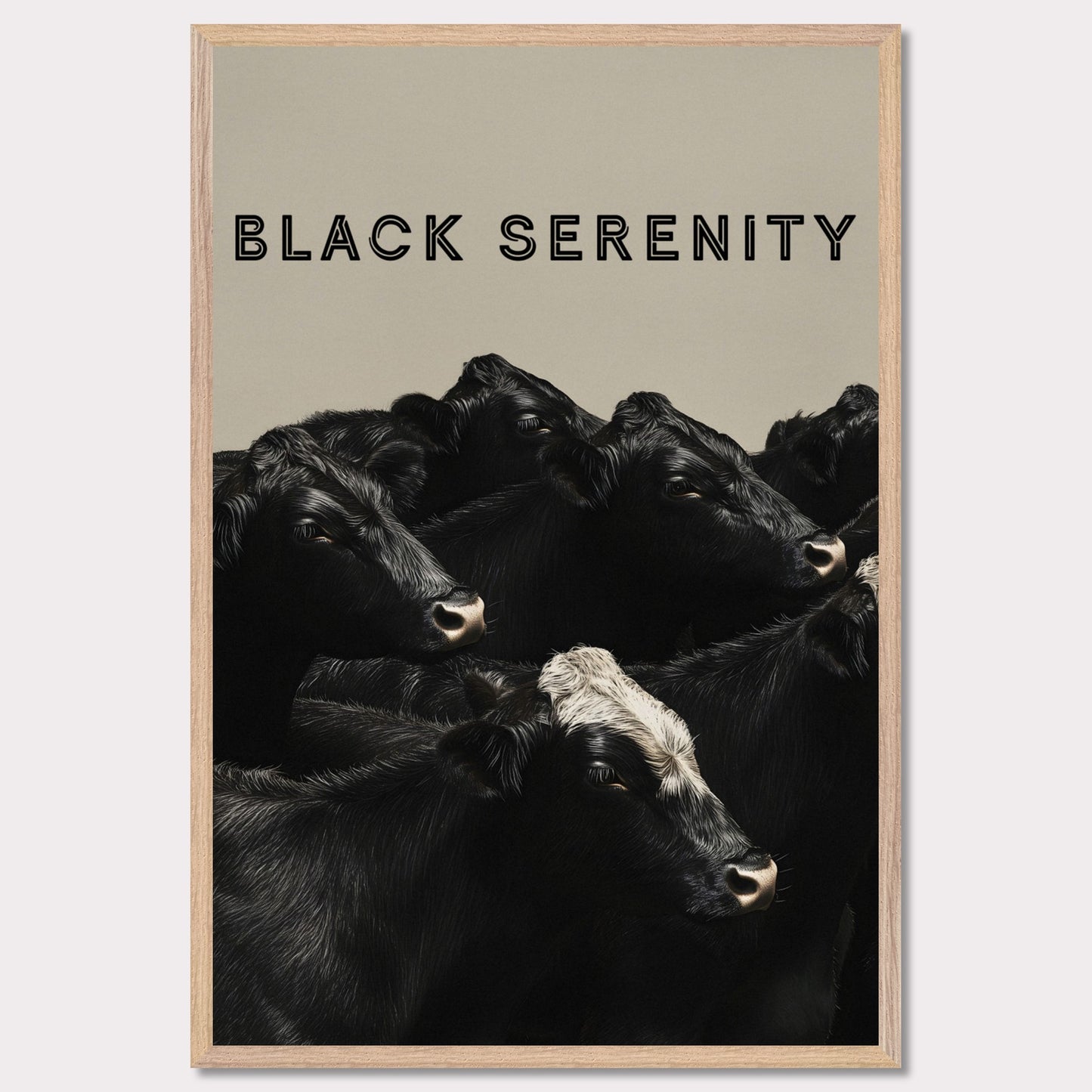 This image showcases a serene group of black cows, with one cow featuring a distinctive white marking on its head. The title "BLACK SERENITY" is prominently displayed at the top, emphasizing the calm and peaceful nature of the scene.