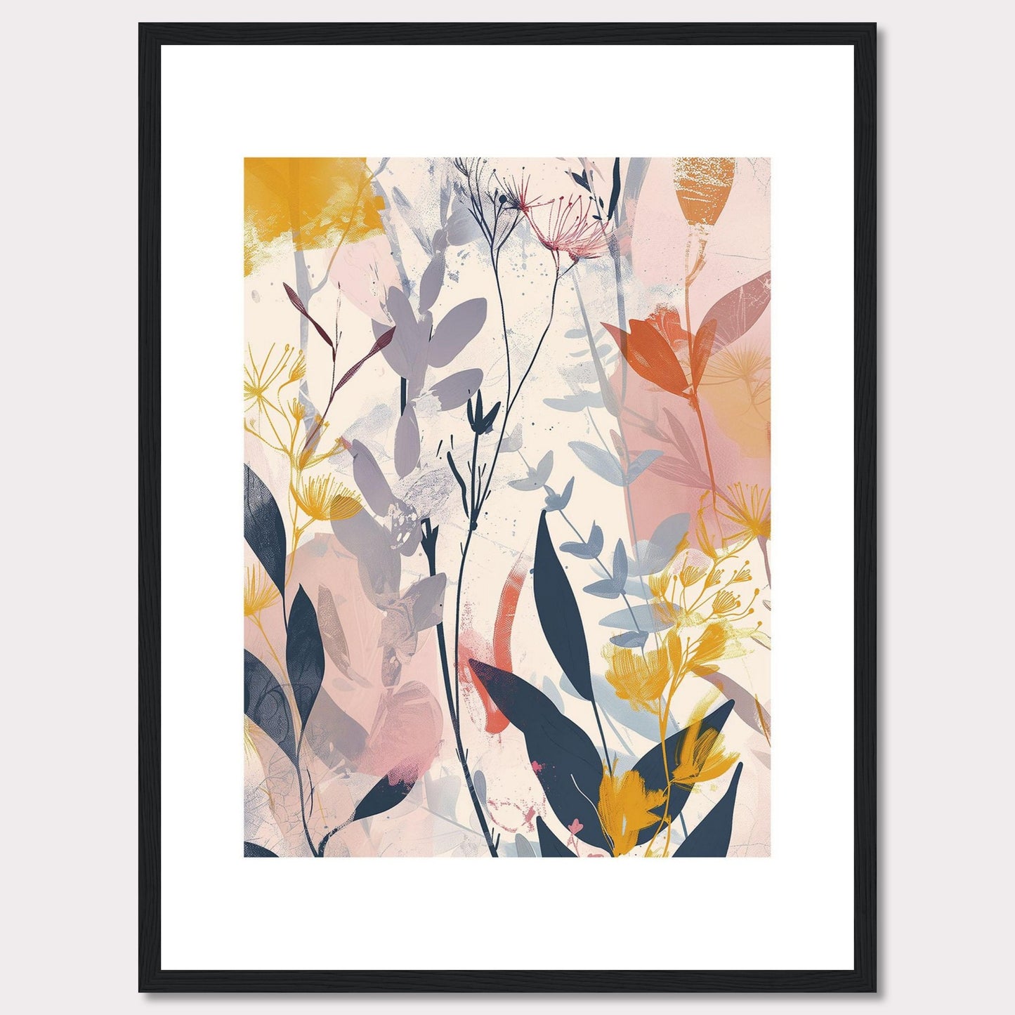 This image showcases a beautiful abstract botanical art print. It features a blend of soft and vibrant colors, depicting various plant forms and leaves.