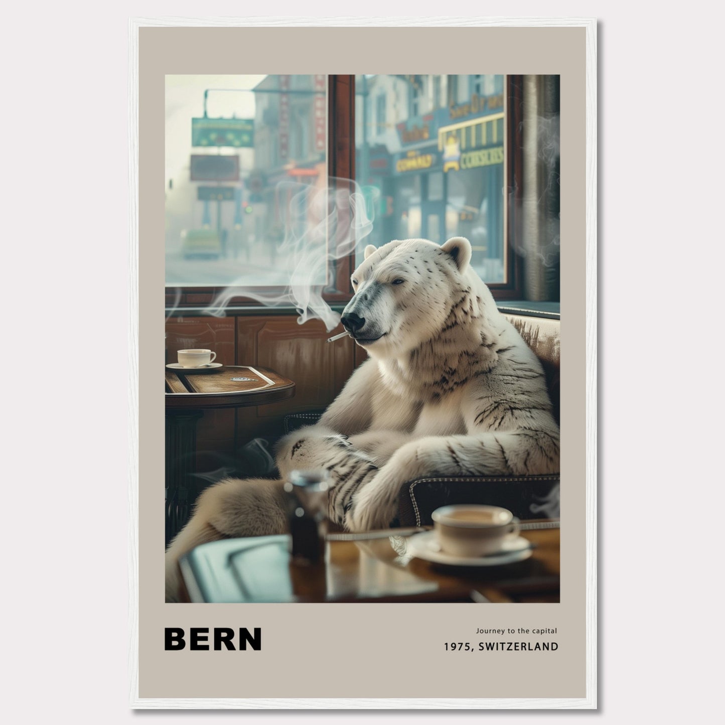 This intriguing poster features a polar bear sitting comfortably in a café, smoking a cigarette. The scene is set against a backdrop of a bustling city street, with shops and signs visible through the window. A cup of coffee sits on the table in front of the bear, adding to the relaxed atmosphere. The text at the bottom reads "BERN" with the caption "Journey to the capital, 1975, Switzerland."