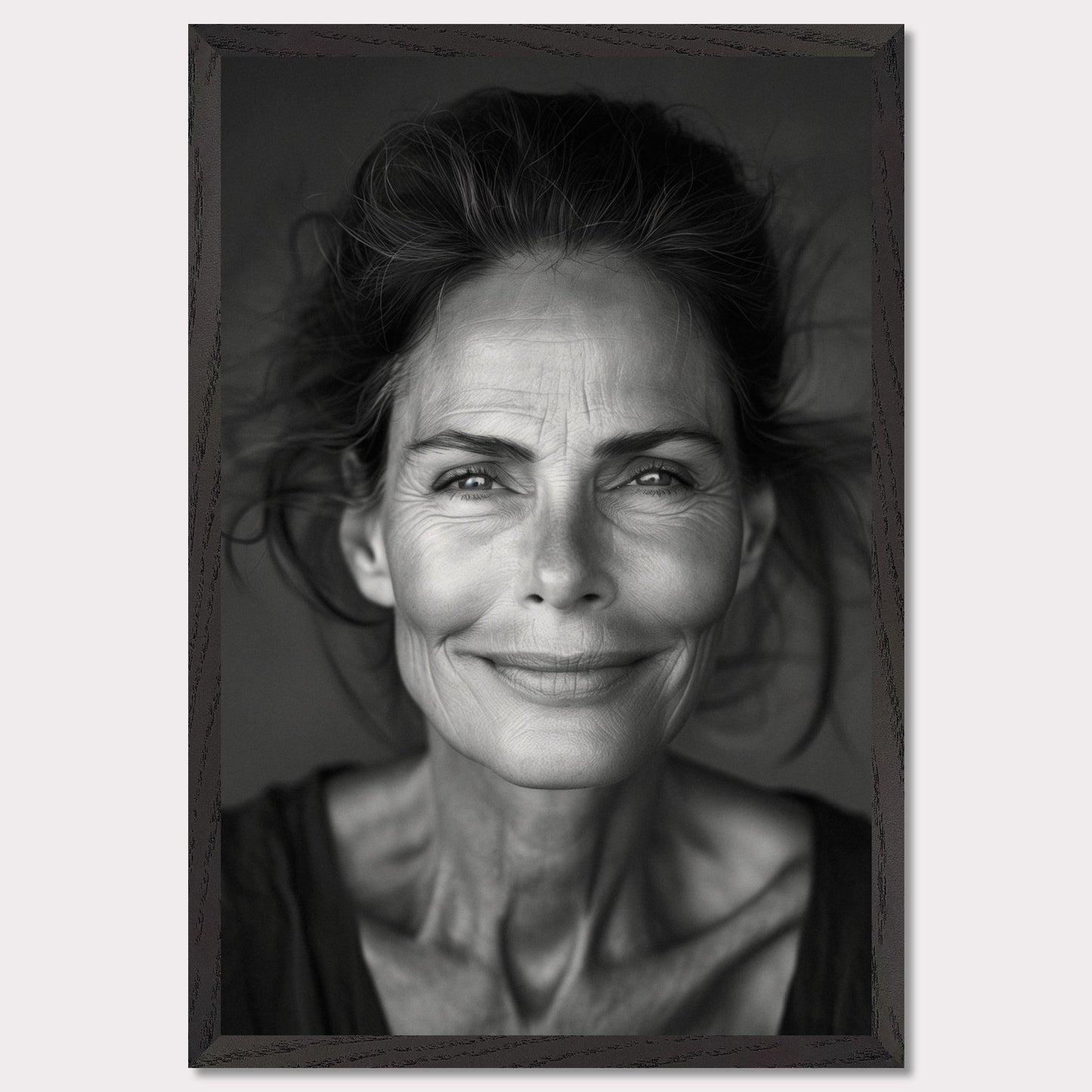 This black and white portrait captures a serene, smiling elderly woman with expressive eyes and fine wrinkles that tell a story of a life well-lived. The close-up shot highlights her natural beauty and the depth of her character.