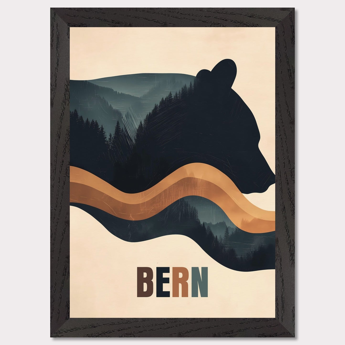 This elegant poster captures the harmony between nature and Bern’s cultural heritage. The silhouette of a bear, the city’s symbol, seamlessly blends with dense forests and flowing lines, creating a sense of tranquility and connection with the surroundings. The minimalist style and warm color palette give the artwork a modern aesthetic.