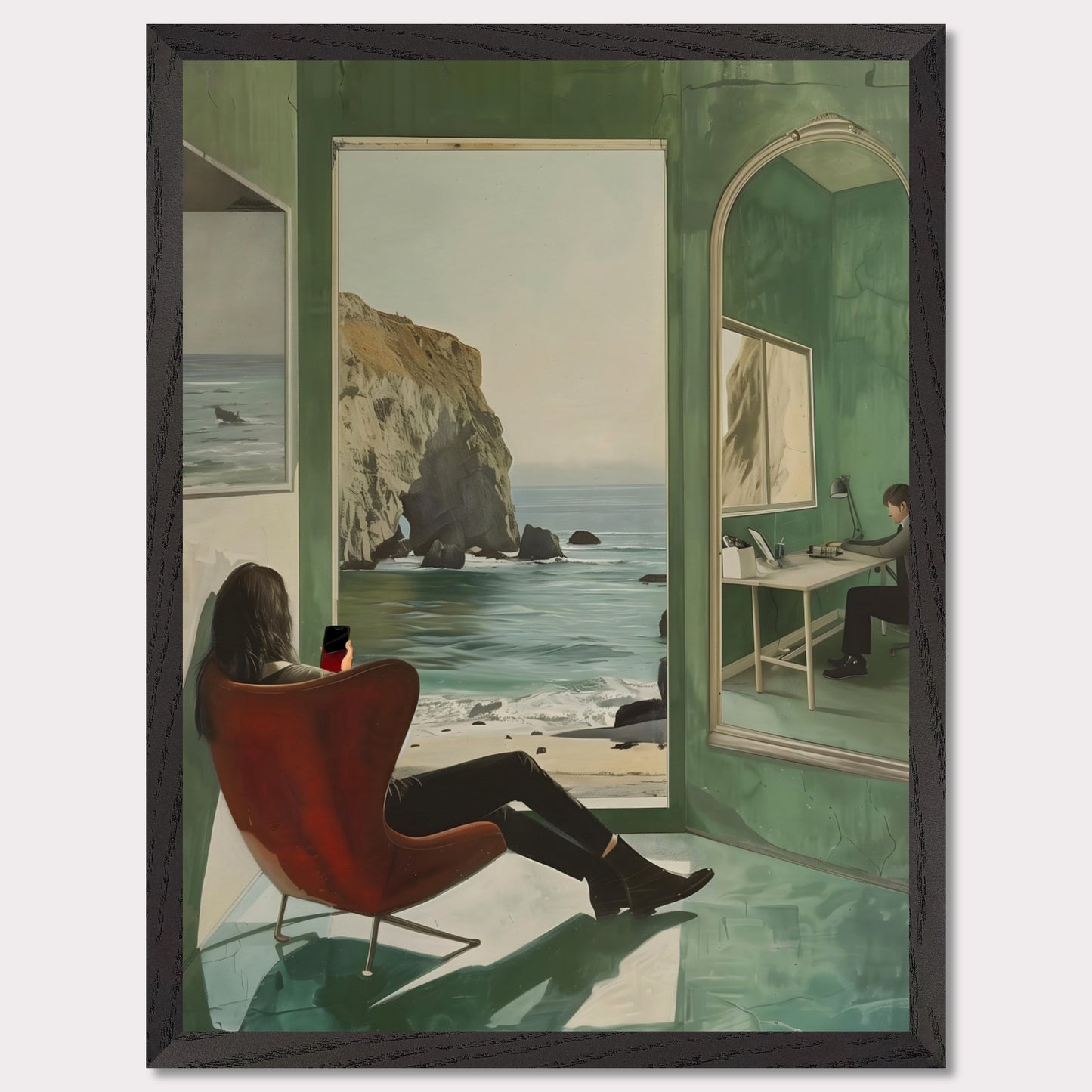 This captivating artwork depicts a serene coastal scene viewed from inside a room. A person is seated in a red chair, gazing out at the ocean through an open window. The reflection of another person working at a desk is visible in a large mirror on the right side. The room's green walls and floor create a calming ambiance, enhancing the peacefulness of the ocean view.