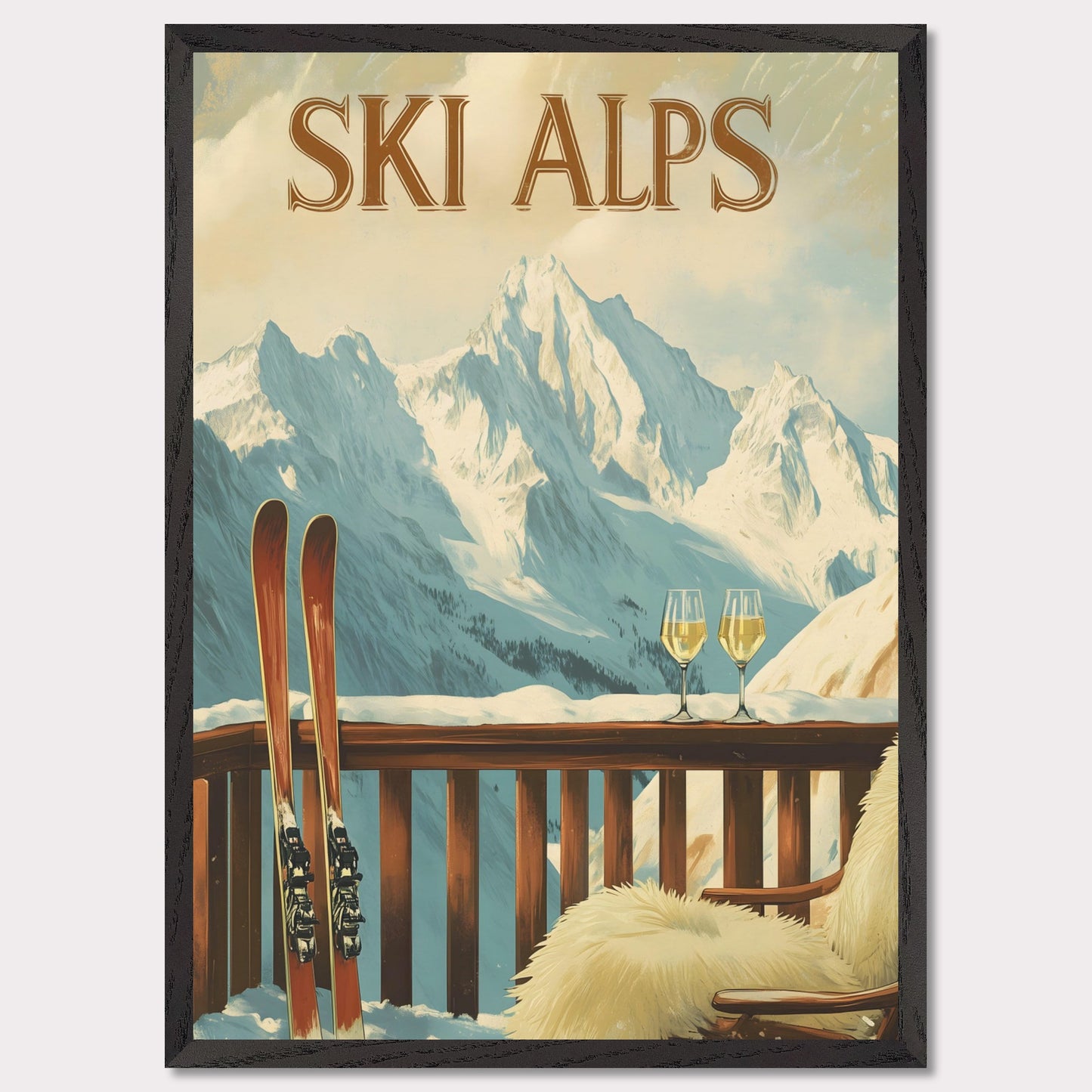 This soothing poster transports you to a tranquil alpine terrace with a breathtaking view of snow-covered peaks. A wooden chair draped in soft fur and paired with two glasses of sparkling wine sets the tone for a peaceful and intimate winter retreat.