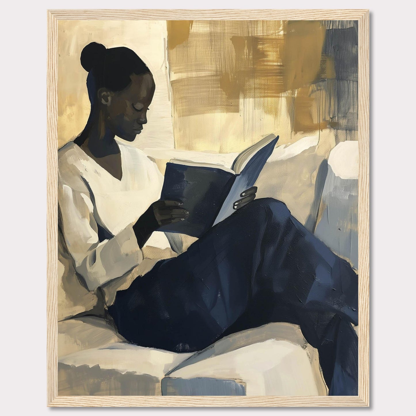 This painting captures a serene moment of a woman deeply engrossed in a book. The artwork uses a muted color palette with shades of beige, blue, and gold, creating a calm and contemplative atmosphere.