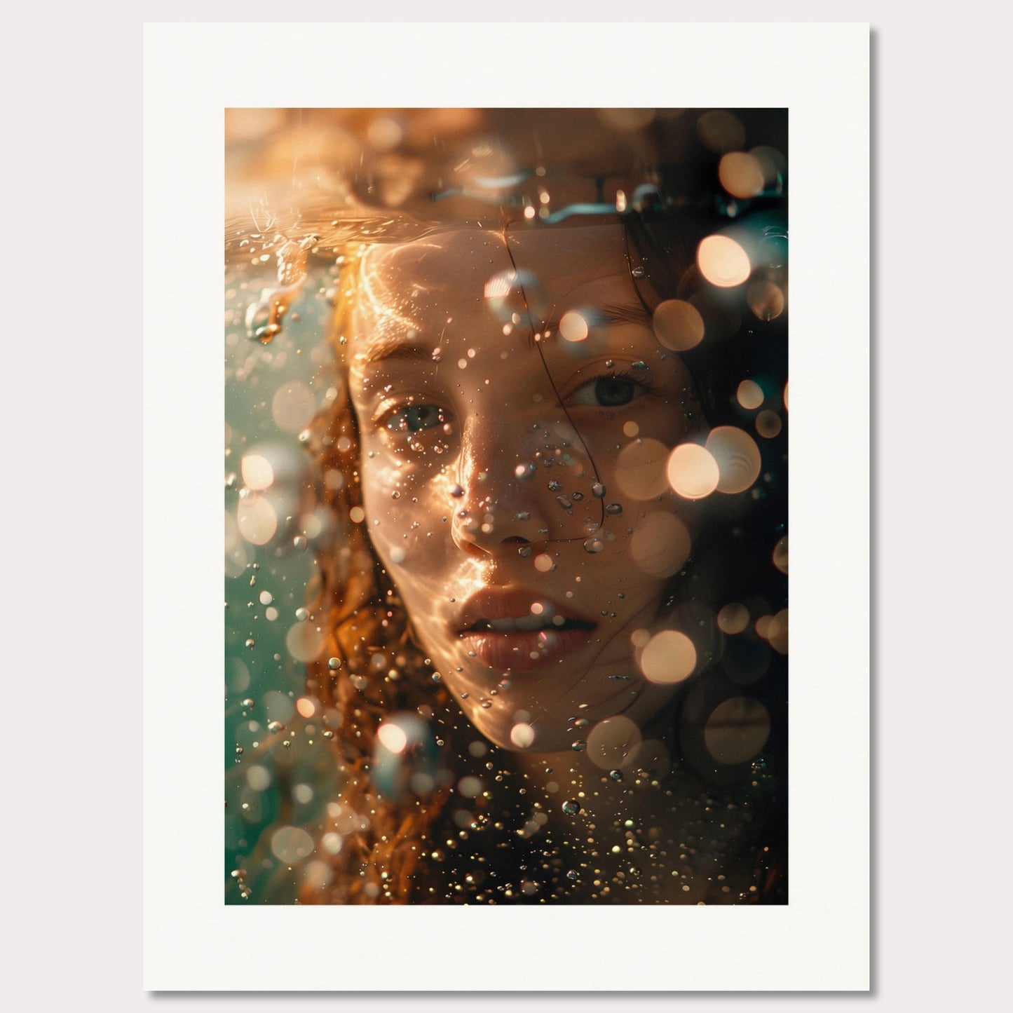 A close-up, artistic photograph of a person's face submerged in water, with light reflections and bokeh effects creating an ethereal atmosphere.

This poster would fit well in modern living rooms, art studios, bedrooms, or any space that appreciates contemporary and artistic photography.