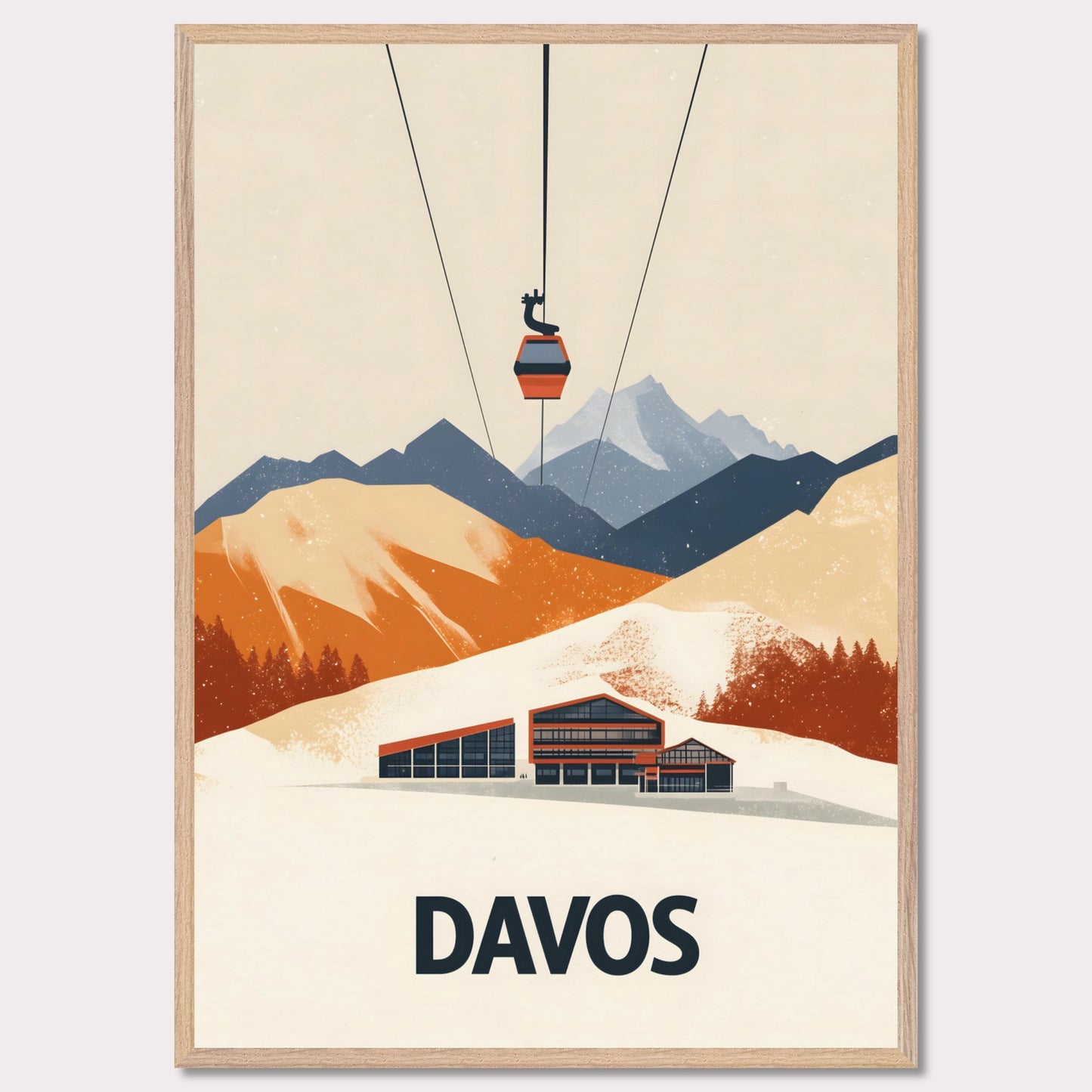 A stunning visual of a winter resort in Davos, nestled among snow-covered mountains. A cable car ascends above, symbolizing the excitement of skiing and high-altitude adventures.