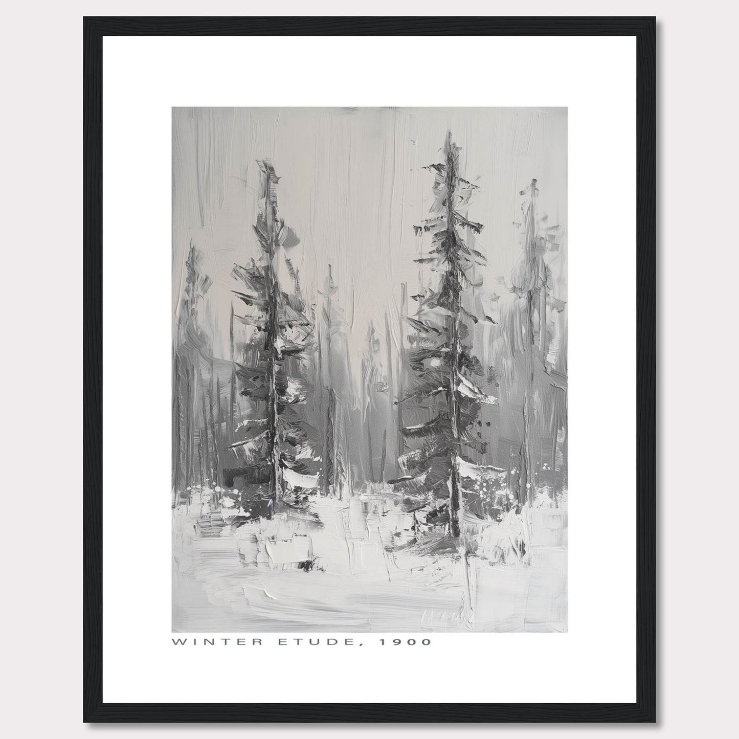 This image showcases a framed painting titled "Winter Etude, 1900". The artwork depicts a serene winter landscape with two prominent trees standing tall amidst a snowy backdrop. The painting is done in grayscale, emphasizing the cold and tranquil atmosphere of winter.