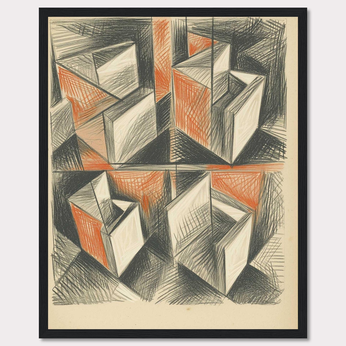 This artwork features an abstract geometric composition with intersecting shapes and lines. The use of black and orange tones creates a dynamic and intriguing visual effect.