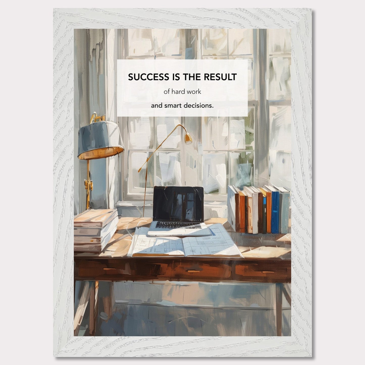 This inspiring poster showcases a serene and productive workspace bathed in natural light. The central message, "Success is the result of hard work and smart decisions," is prominently displayed.