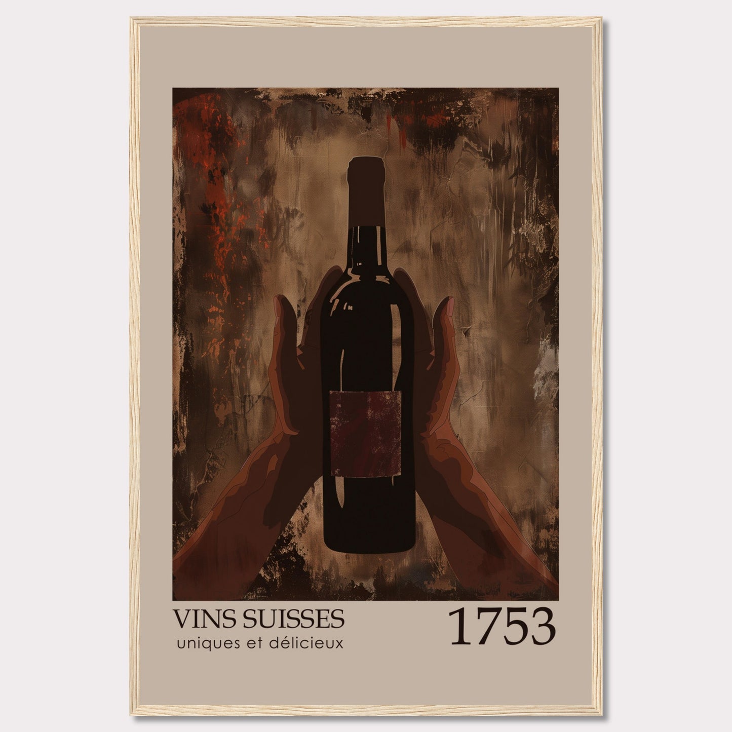 This image showcases a framed poster featuring a bottle of wine held by two hands against an abstract, textured background.