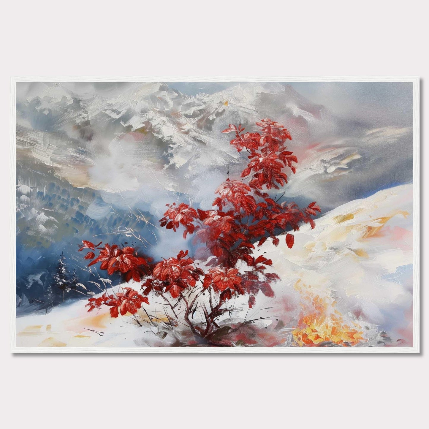 This captivating painting features a vibrant red bush standing out against a serene, snowy landscape. The background showcases majestic mountains partially obscured by mist, adding depth and mystery to the scene. The contrast between the fiery red leaves and the cool, muted tones of the snow and sky creates a striking visual effect.