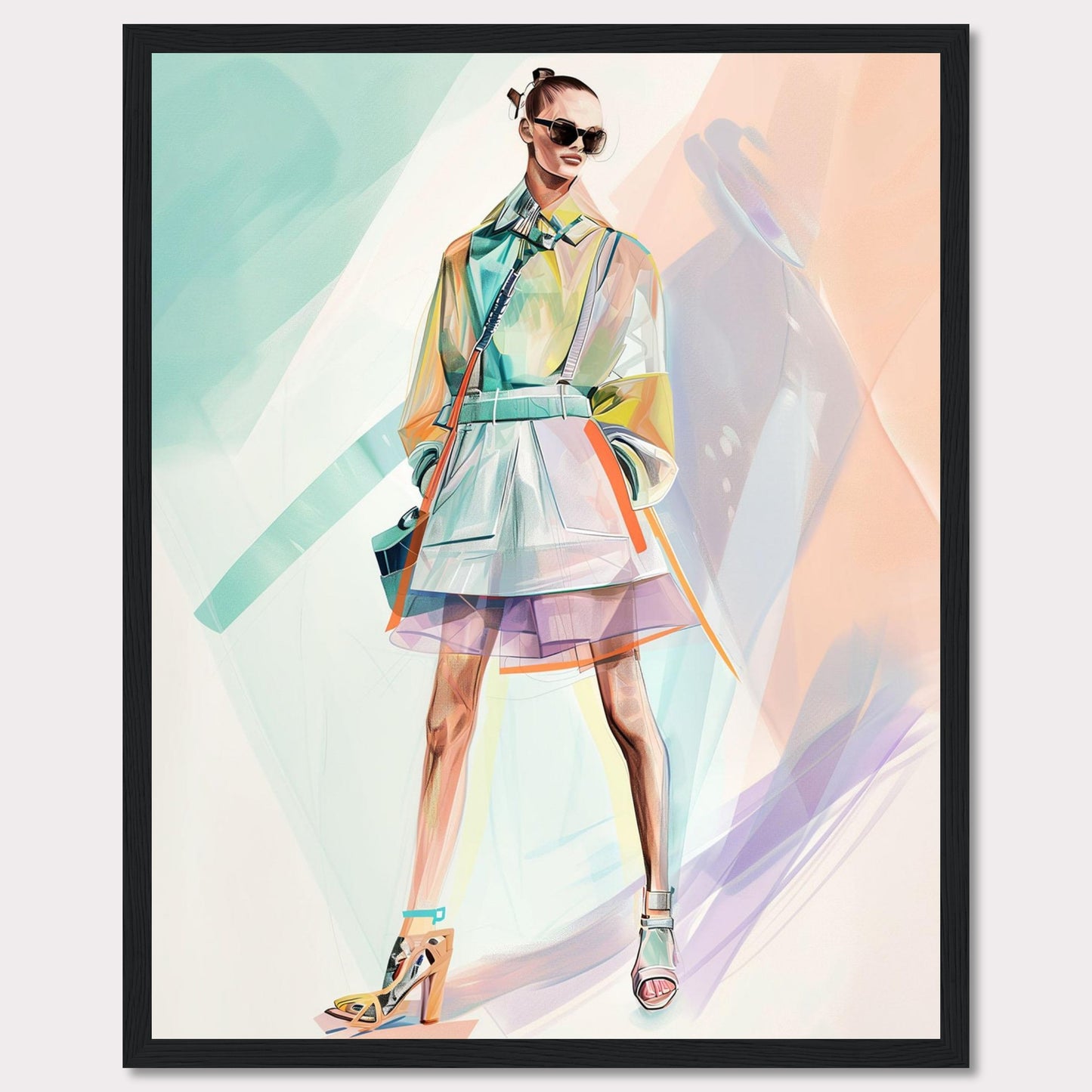 This stunning artwork features a stylish figure in a vibrant, modern outfit. The person is wearing a colorful, translucent coat over a layered skirt, with high-fashion heels and chic sunglasses. The background is an abstract blend of pastel colors, enhancing the fashionable vibe.