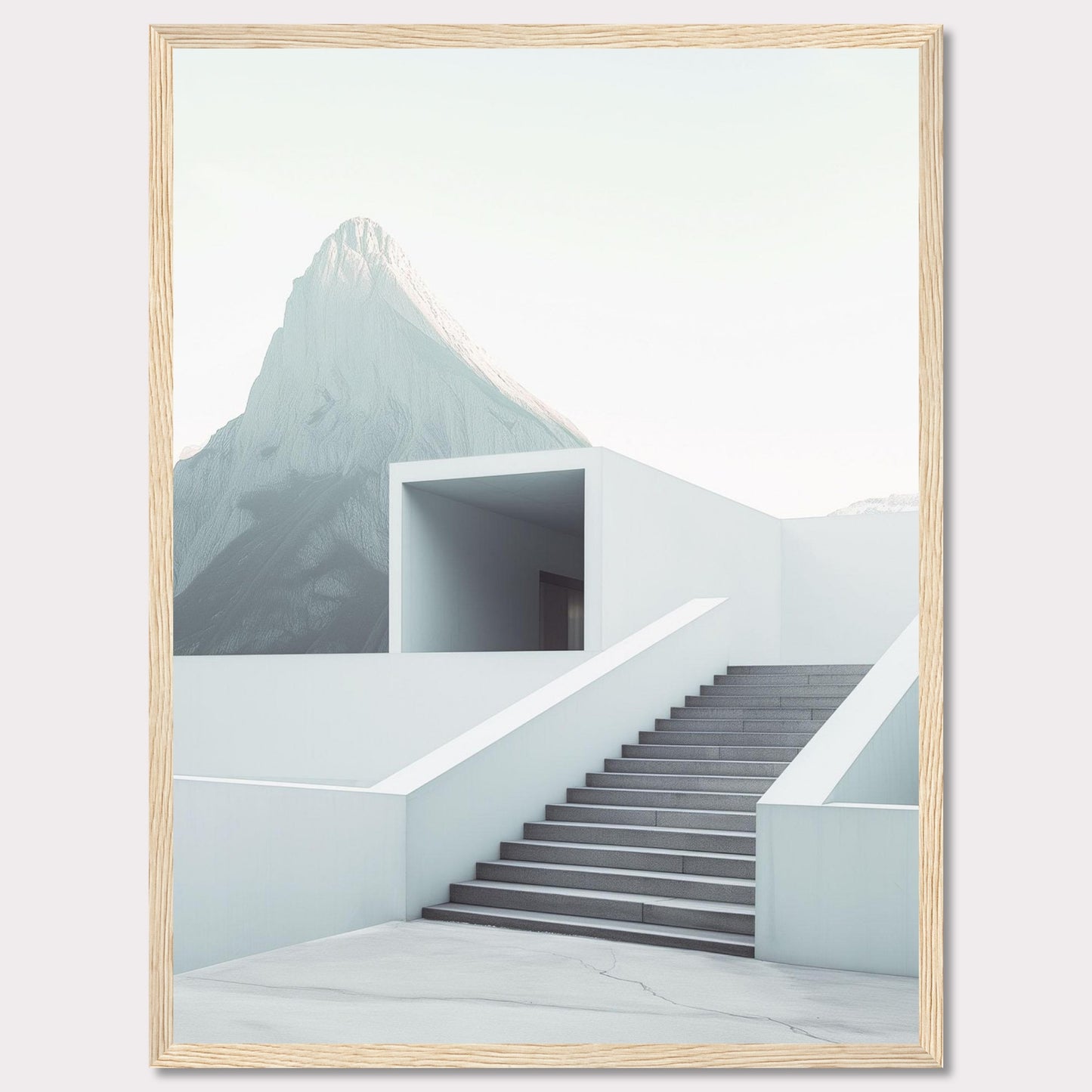 This minimalist artwork features a serene mountain backdrop with a modern architectural staircase leading to a simple, open structure. The clean lines and soft color palette evoke a sense of tranquility and sophistication.