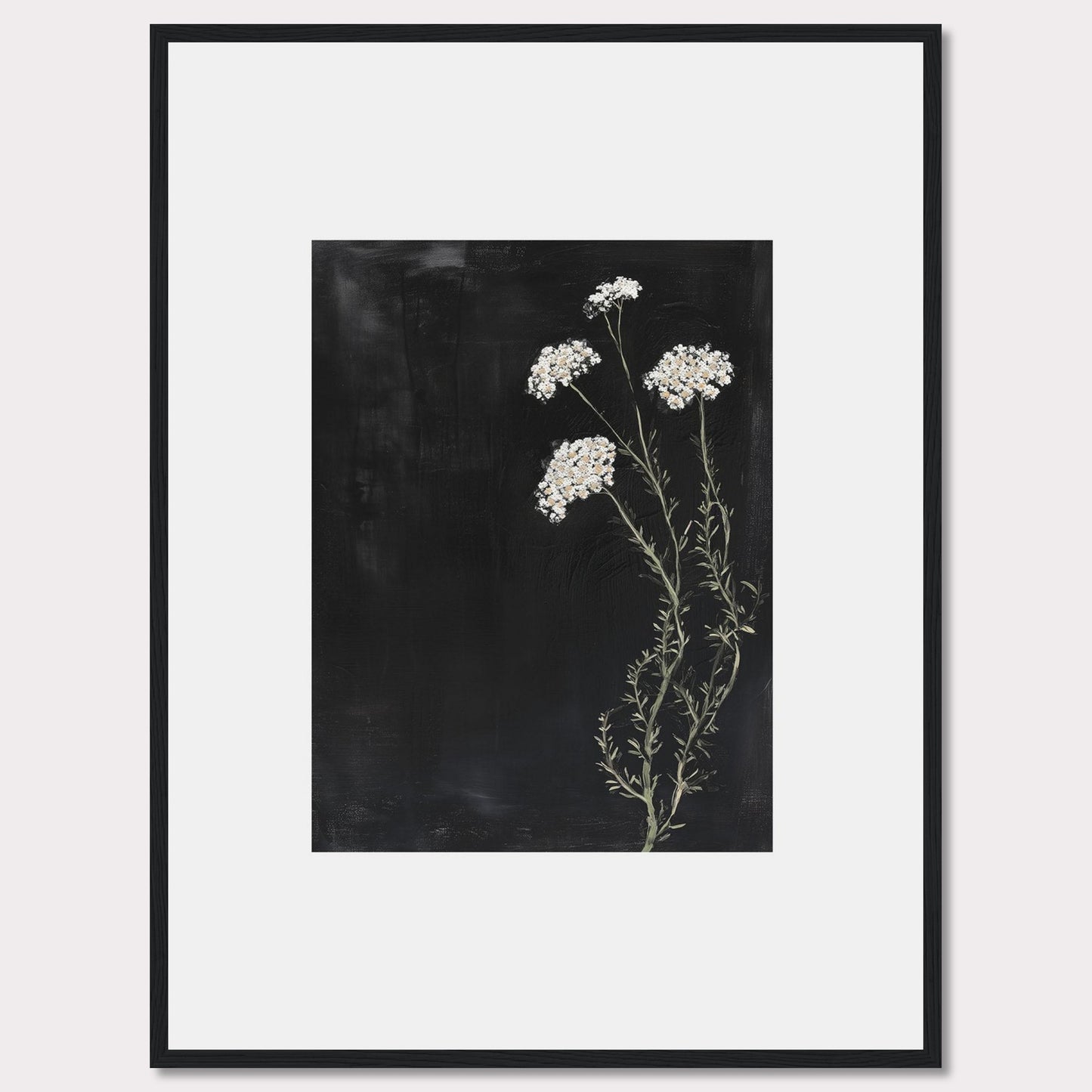 This elegant framed artwork features delicate white flowers against a deep black background, creating a striking contrast. The minimalist design emphasizes the natural beauty of the floral arrangement, making it a perfect addition to any modern interior.