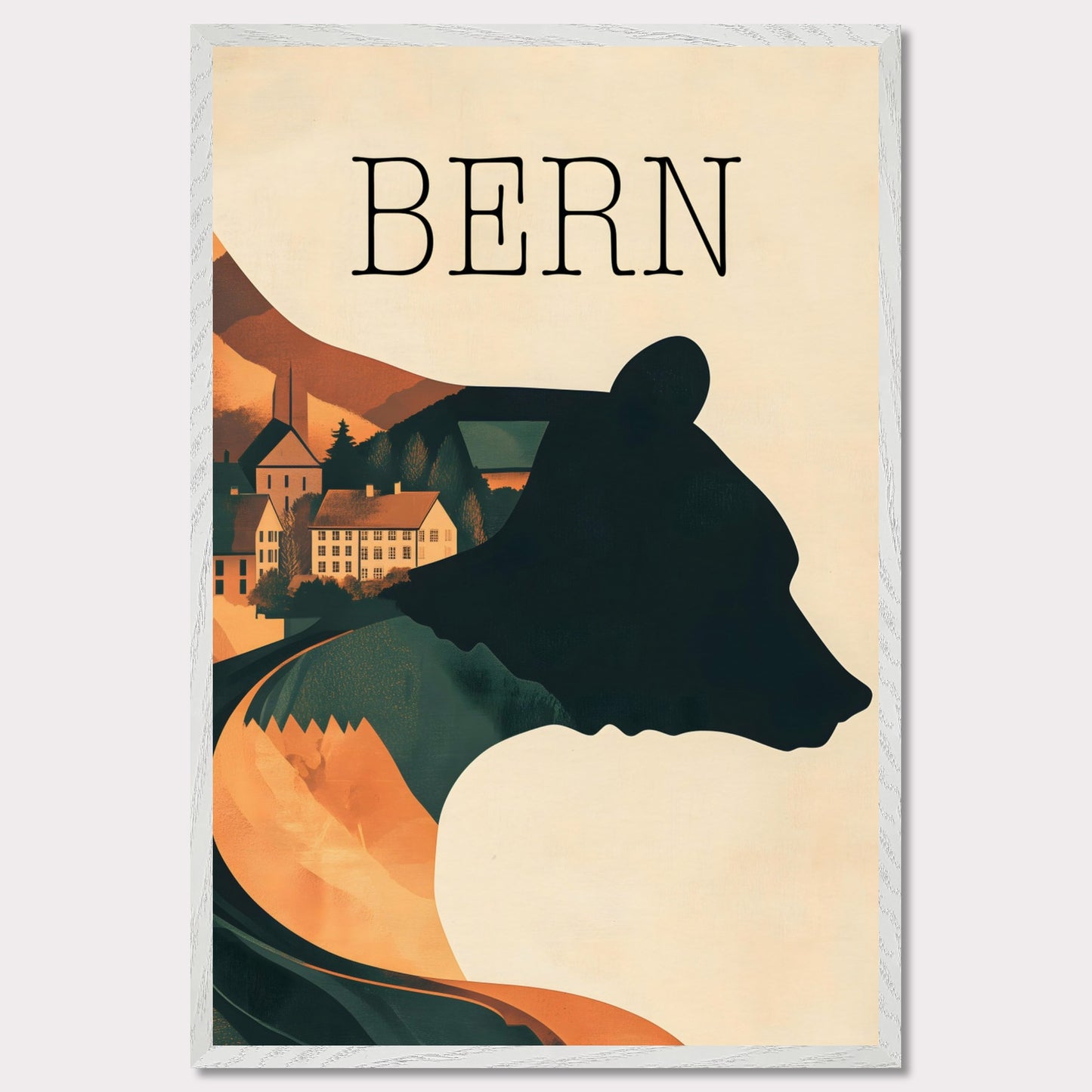 This minimalist travel poster captures the essence of Bern, Switzerland, with a flowing river winding through the city's historic heart. The design highlights the city's iconic medieval architecture, framed by the serene natural surroundings. The soft, muted tones evoke a sense of nostalgia and tranquility, making it a perfect representation of Bern’s timeless beauty.