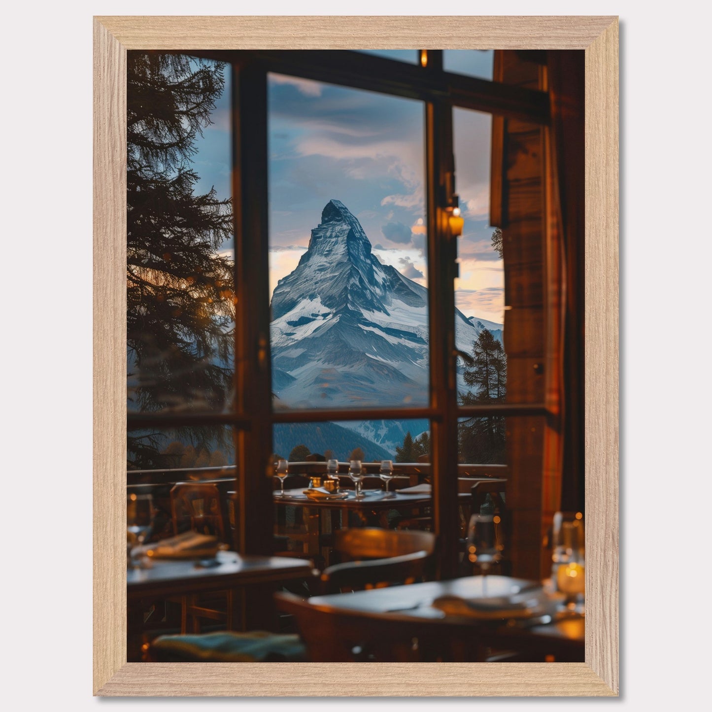 Experience the breathtaking view of a majestic mountain peak through the windows of a cozy restaurant. The scene captures the tranquility and grandeur of nature, inviting you to unwind and savor the moment.