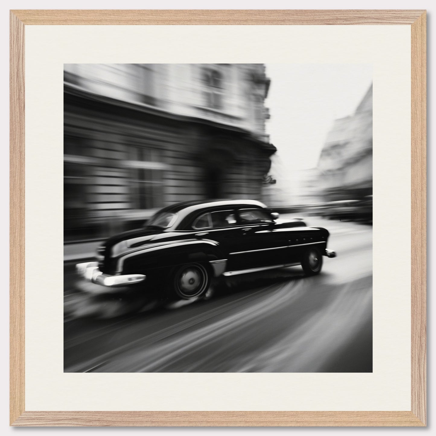 This illustration depicts a black vintage car speeding through a city street, with buildings blurred in the background to convey motion.