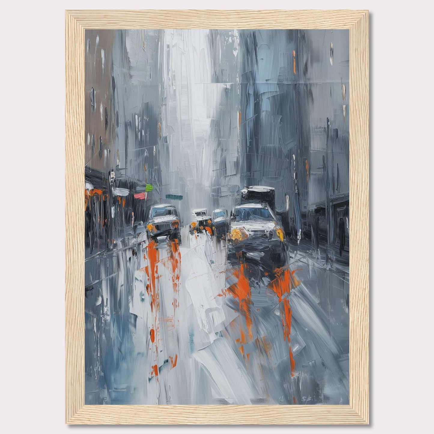 This captivating painting portrays a rainy city street with cars and buildings enveloped in a misty atmosphere. The artist uses bold brushstrokes and a muted color palette with pops of orange to depict the bustling urban scene.