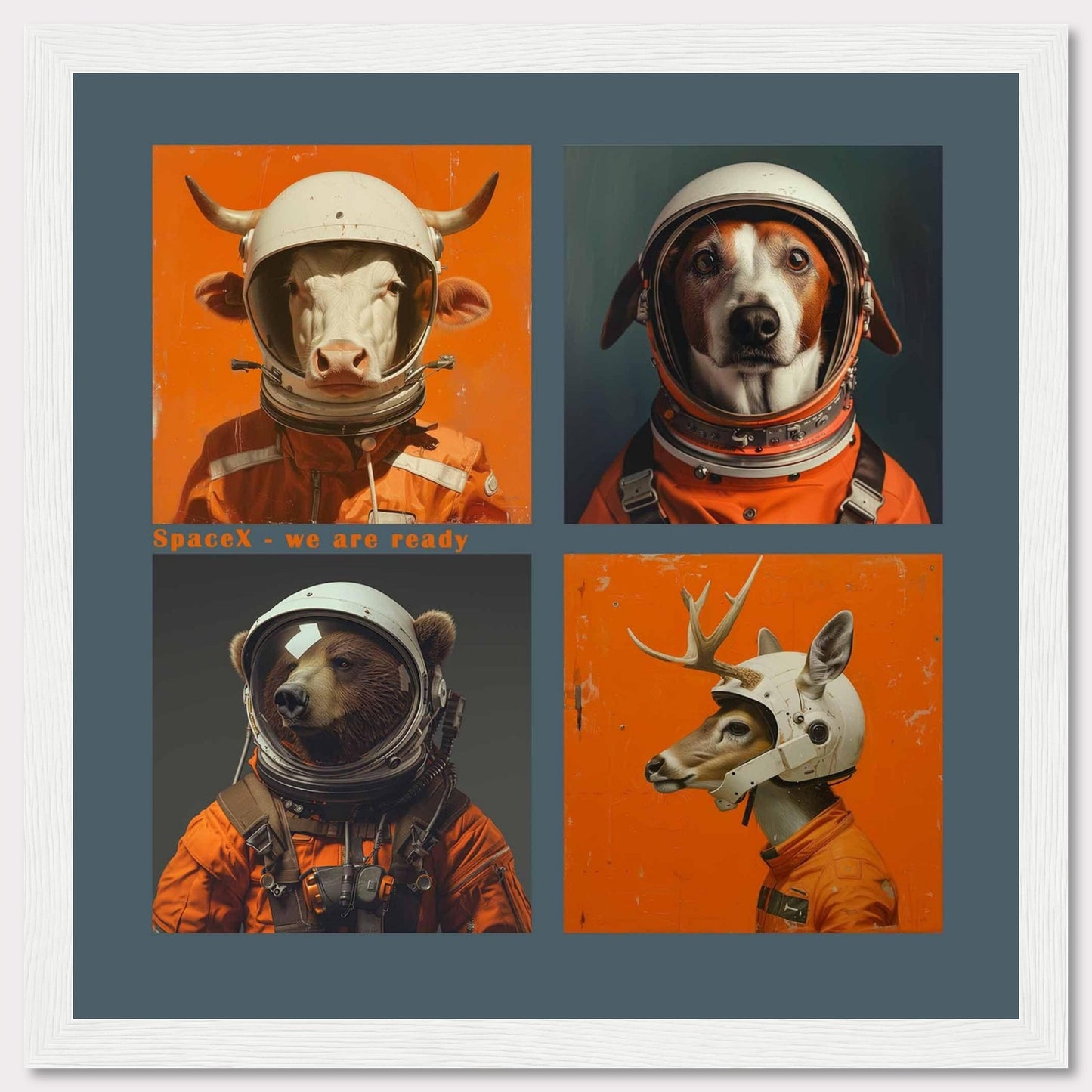 This whimsical artwork features four animals dressed as astronauts, ready for a space adventure. The animals include a cow, a dog, a bear, and a deer, each wearing an orange space suit and helmet. The text "SpaceX - we are ready" adds a playful touch to the image.