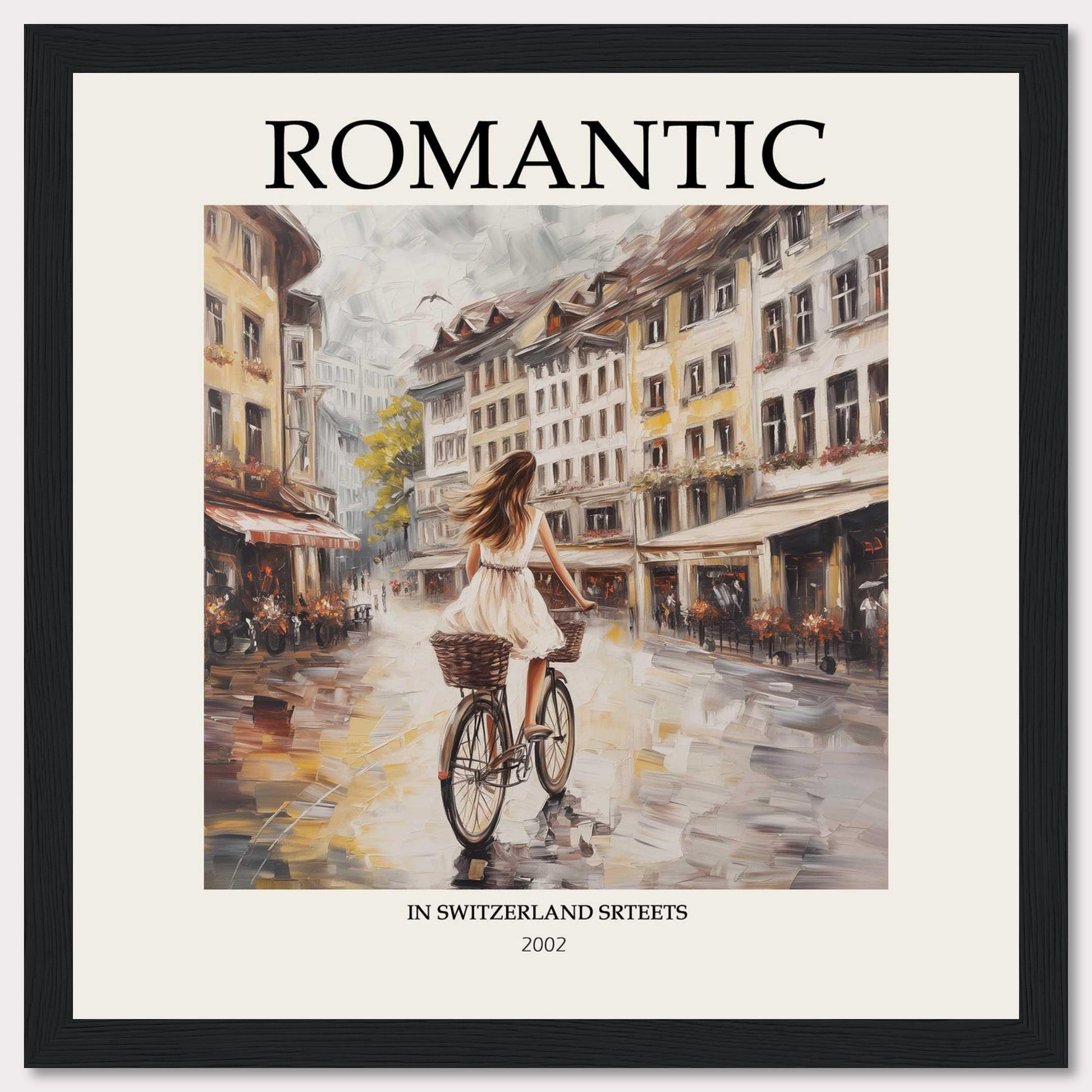 This image features a romantic scene of a woman riding a bicycle through charming streets in Switzerland. The artwork is framed with the word "ROMANTIC" at the top and "IN SWITZERLAND STREETS 2002" at the bottom.