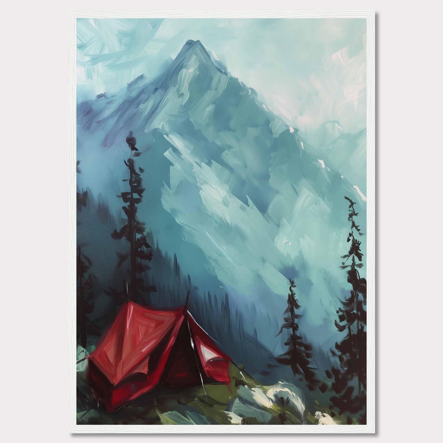 This captivating painting depicts a serene mountain landscape with a vibrant red tent pitched among tall pine trees. The majestic mountain in the background is shrouded in mist, adding a sense of mystery and tranquility to the scene. The contrast between the bold red tent and the cool blue tones of the mountain creates a striking visual effect.