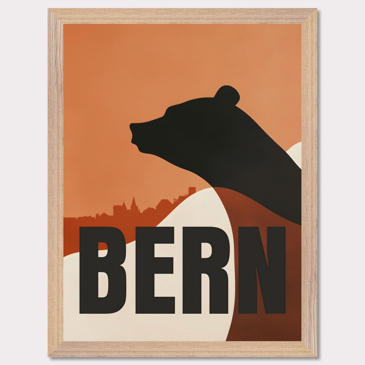 This minimalist poster features the silhouette of a bear — the symbol of Bern — against an orange sky and the city's architectural skyline. Simple yet profound, the design captures the atmosphere of Switzerland's capital and its rich cultural heritage.