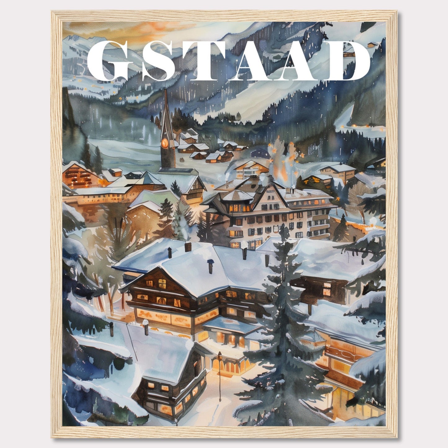 This image showcases a beautiful winter scene of Gstaad, a picturesque village nestled in the Swiss Alps. The painting captures the charm of snow-covered chalets, pine trees, and a serene mountainous backdrop under a soft evening sky.