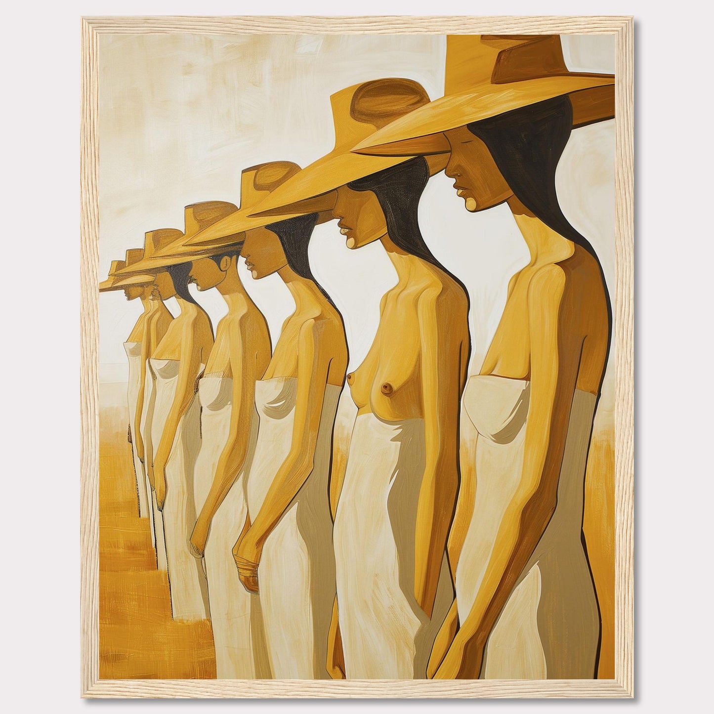 This striking artwork features a row of women standing in profile, each wearing a large hat and draped in a simple cloth. The painting captures a sense of unity and individuality through its minimalist style and warm color palette.