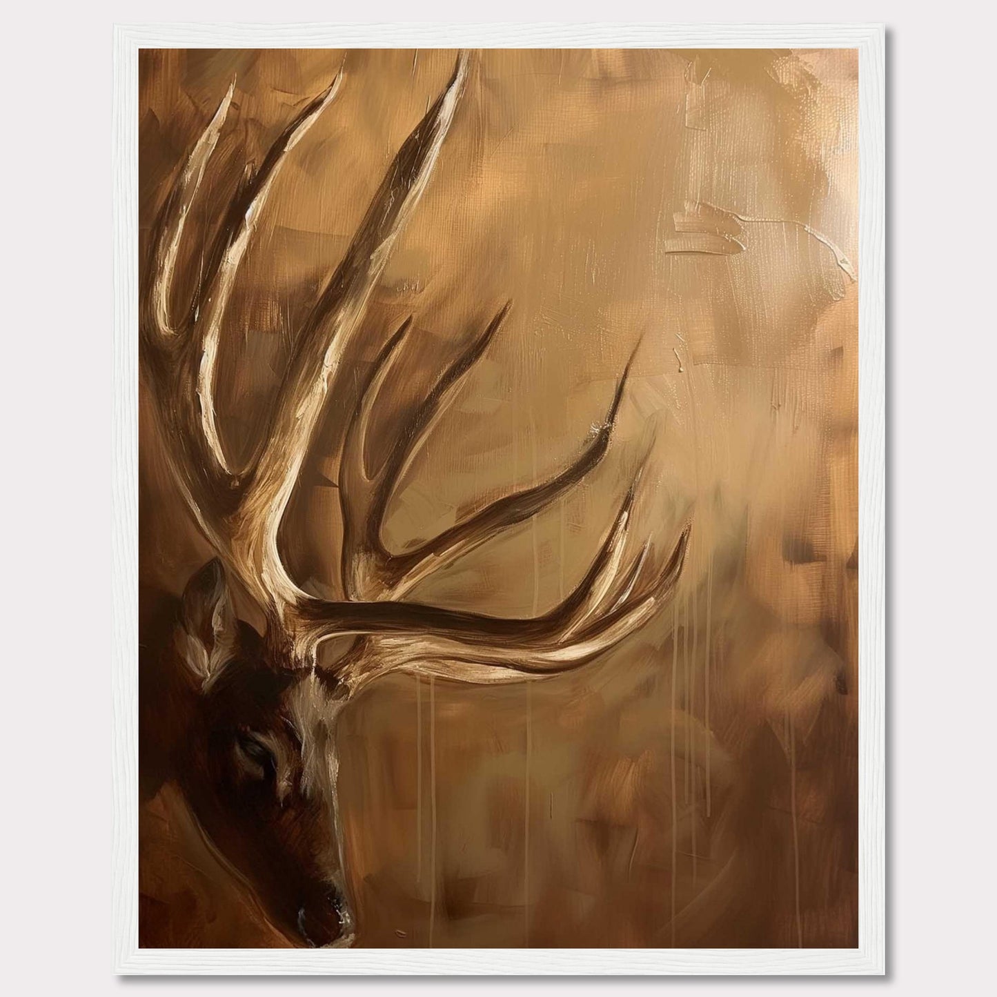 This captivating painting features a majestic deer with prominent antlers, set against a warm, earthy background. The artwork exudes a sense of tranquility and natural beauty, making it a perfect addition to any nature lover's collection.