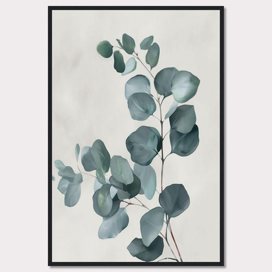 This image showcases a minimalist botanical artwork featuring eucalyptus leaves. The leaves are painted in soft, muted green tones against a light background, creating a serene and calming effect.