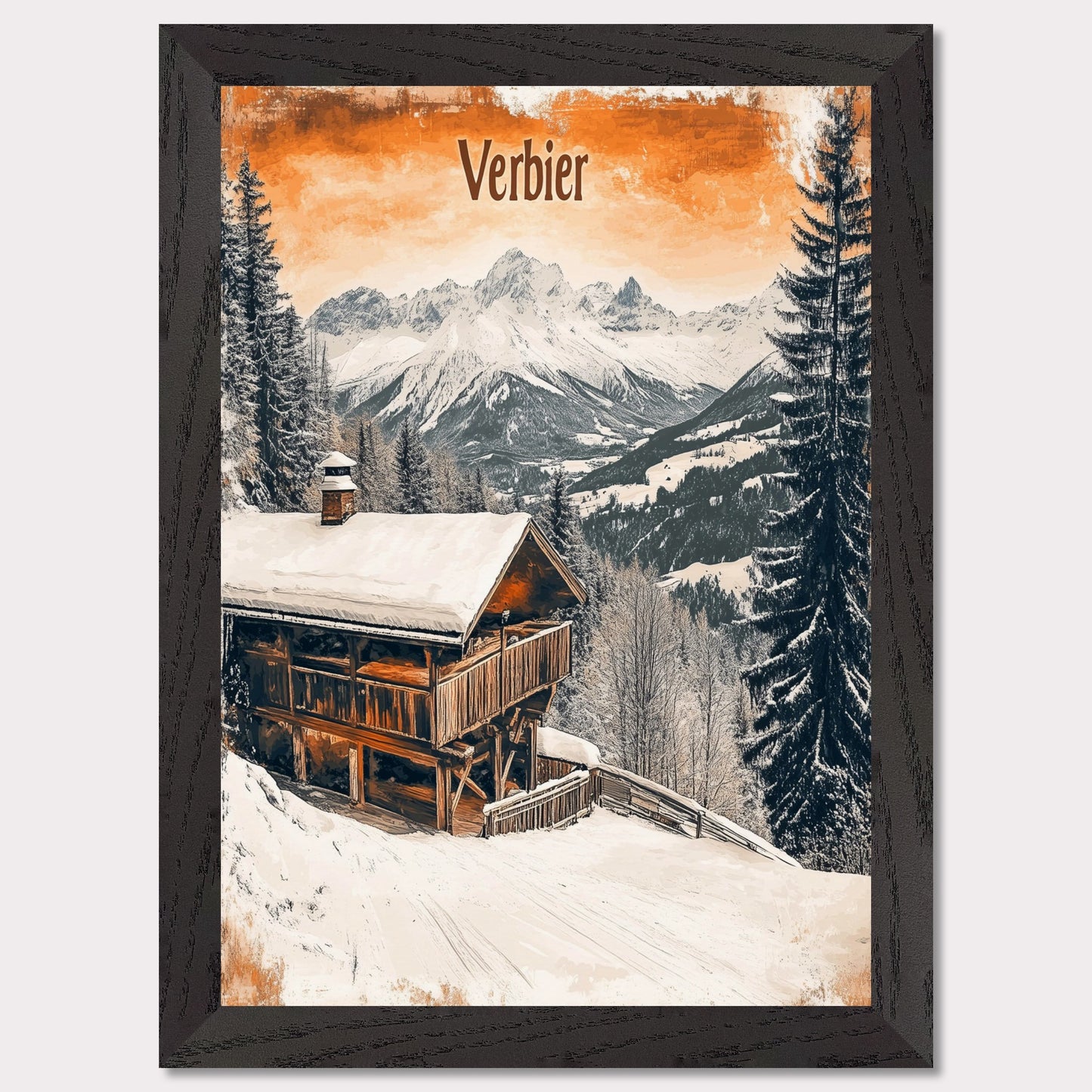 This charming retro-style poster showcases a cozy wooden cabin nestled in the snowy mountains of Verbier. The cabin, with its warm and rustic exterior, contrasts beautifully against the crisp white snow and towering, snow-capped peaks in the distance. The soft, vintage tones in the sky and the peaceful surroundings evoke a sense of tranquility and the perfect winter getaway. The gentle snowfall and warm cabin lights enhance the nostalgic feeling of a quiet retreat in the Alps.