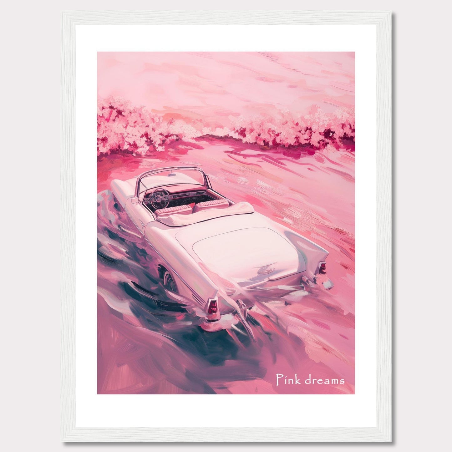 This artwork features a dreamy scene with a vintage convertible car driving through a pink-hued landscape. The soft, pastel colors create a serene and nostalgic atmosphere.