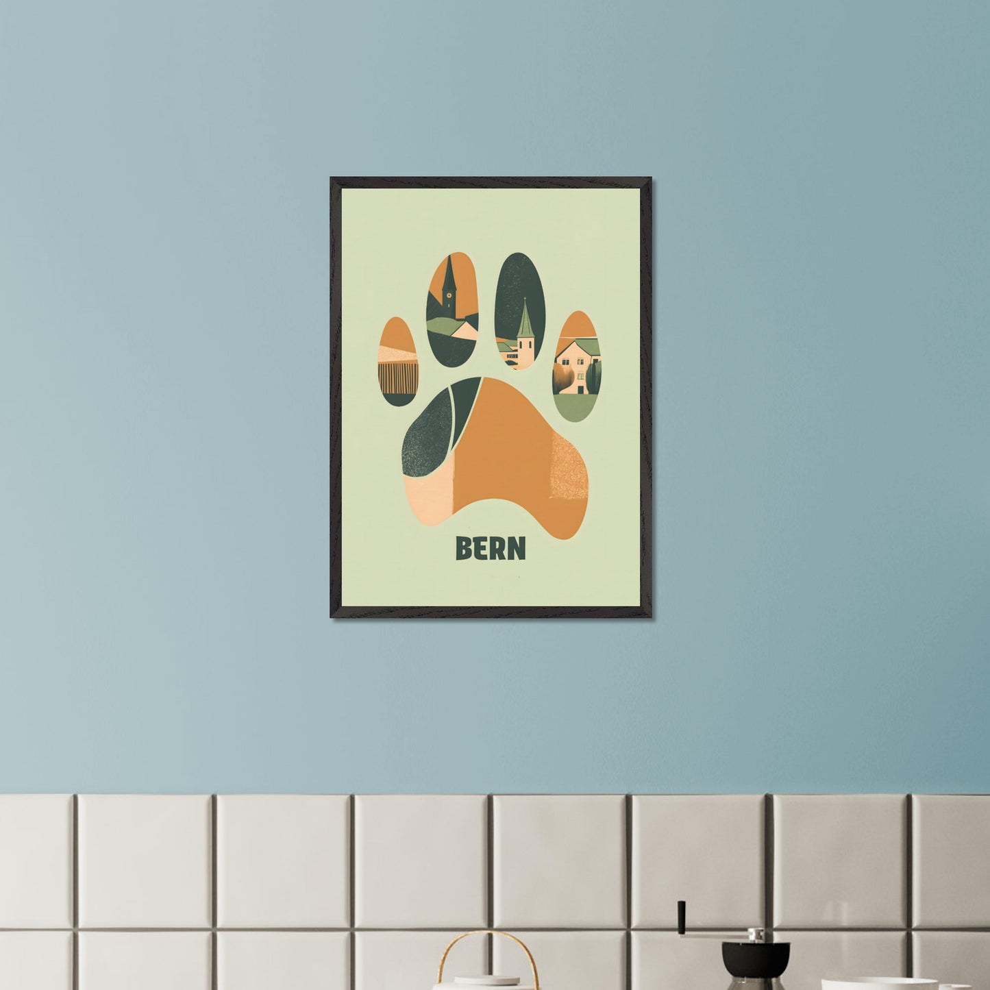 This unique poster blends the charm of Bern’s architecture with the city’s symbolic bear in an abstract, paw-print design. The warm earth tones and clean lines create a harmonious balance between modern minimalism and historical elements.