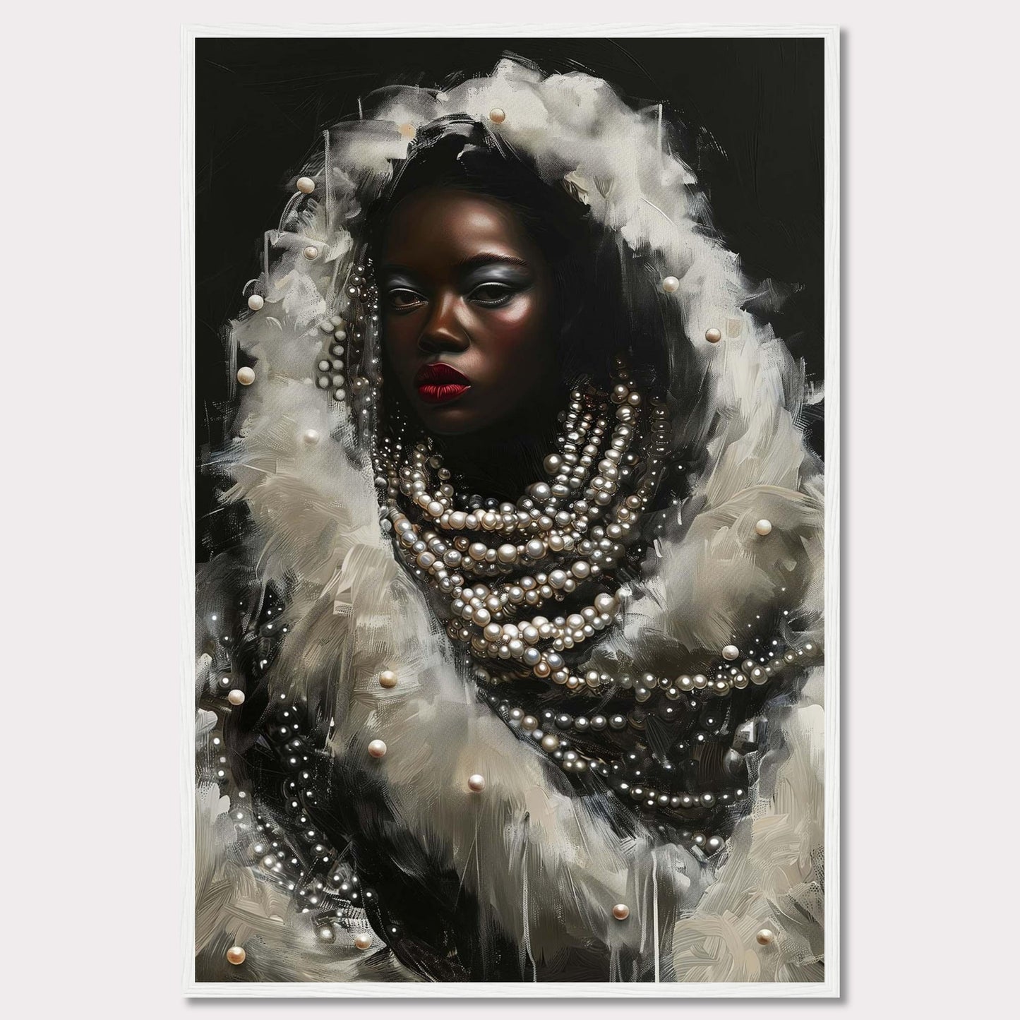 This captivating artwork features a striking portrait of a woman adorned with layers of pearls and white feathers. The dark background accentuates her luminous skin and bold red lips, creating a dramatic contrast. The intricate details of the pearls and feathers add a sense of luxury and elegance to the piece.