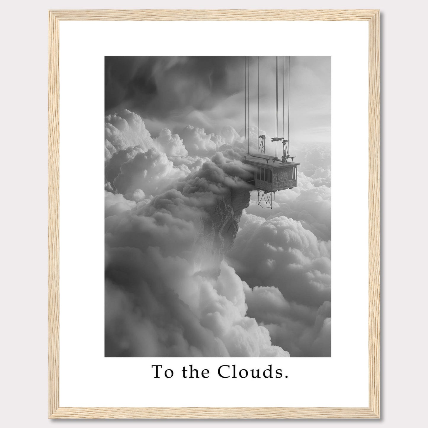 This captivating black and white artwork features a surreal scene of a house suspended high above the clouds, connected by cables. The image evokes a sense of wonder and adventure.