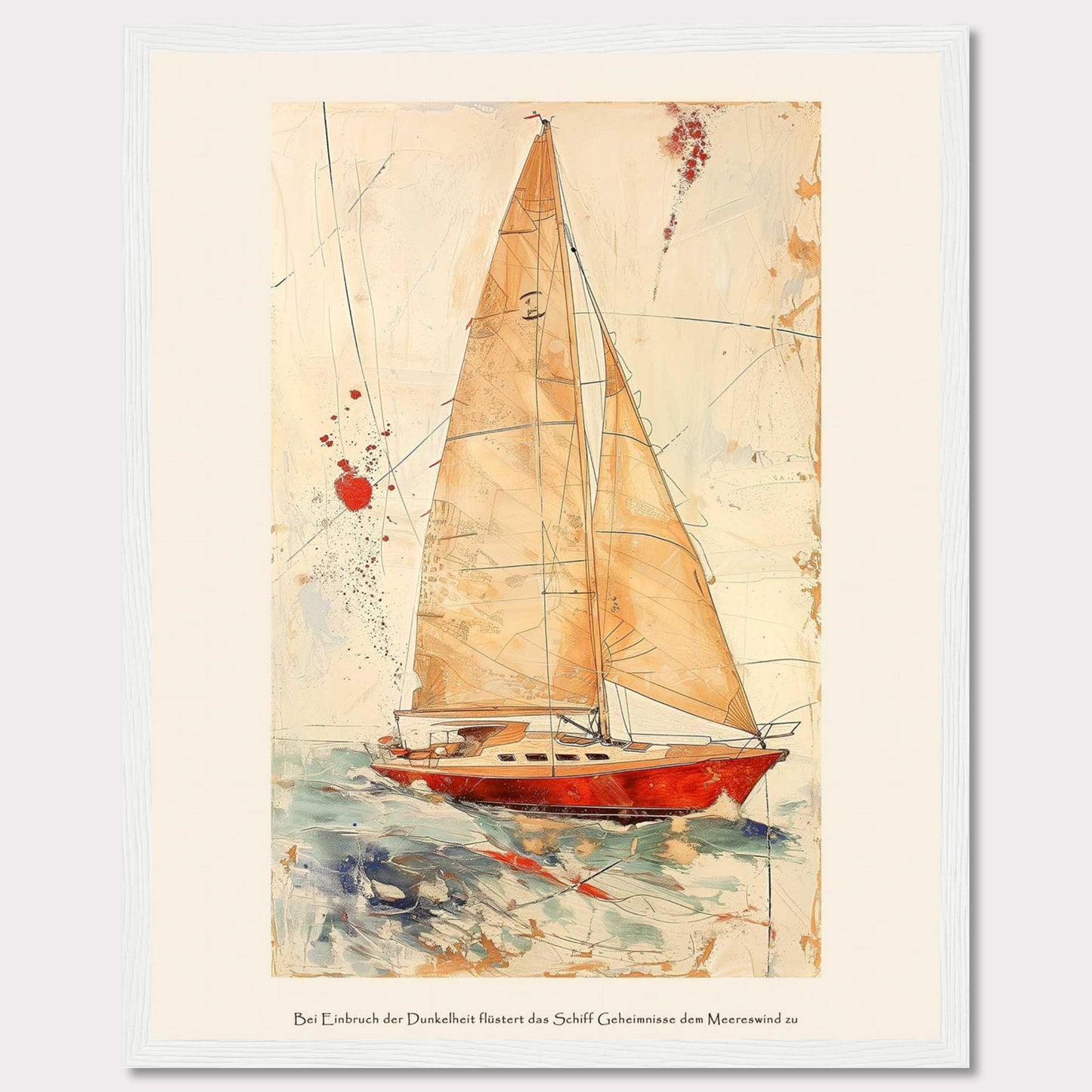 This artwork depicts a stunning sailboat navigating through the ocean with its sails fully unfurled. The painting features a vibrant red boat set against a dynamic background of abstract lines and splashes of color, giving a sense of movement and adventure. The text at the bottom reads: "Bei Einbruch der Dunkelheit flüstert das Schiff Geheimnisse dem Meereswind zu," which translates to "At dusk, the ship whispers secrets to the sea breeze."