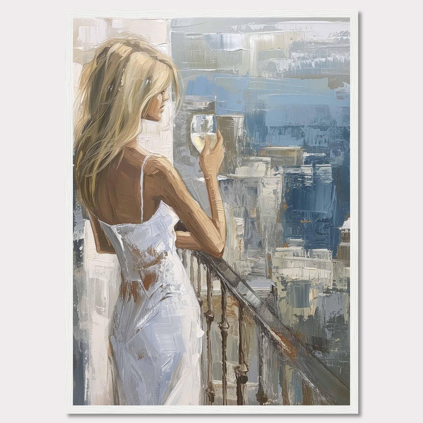 This painting depicts a serene moment where a woman, dressed in a white dress, stands on a balcony holding a glass of wine. The background features an impressionistic cityscape with various shades of blue and gray.