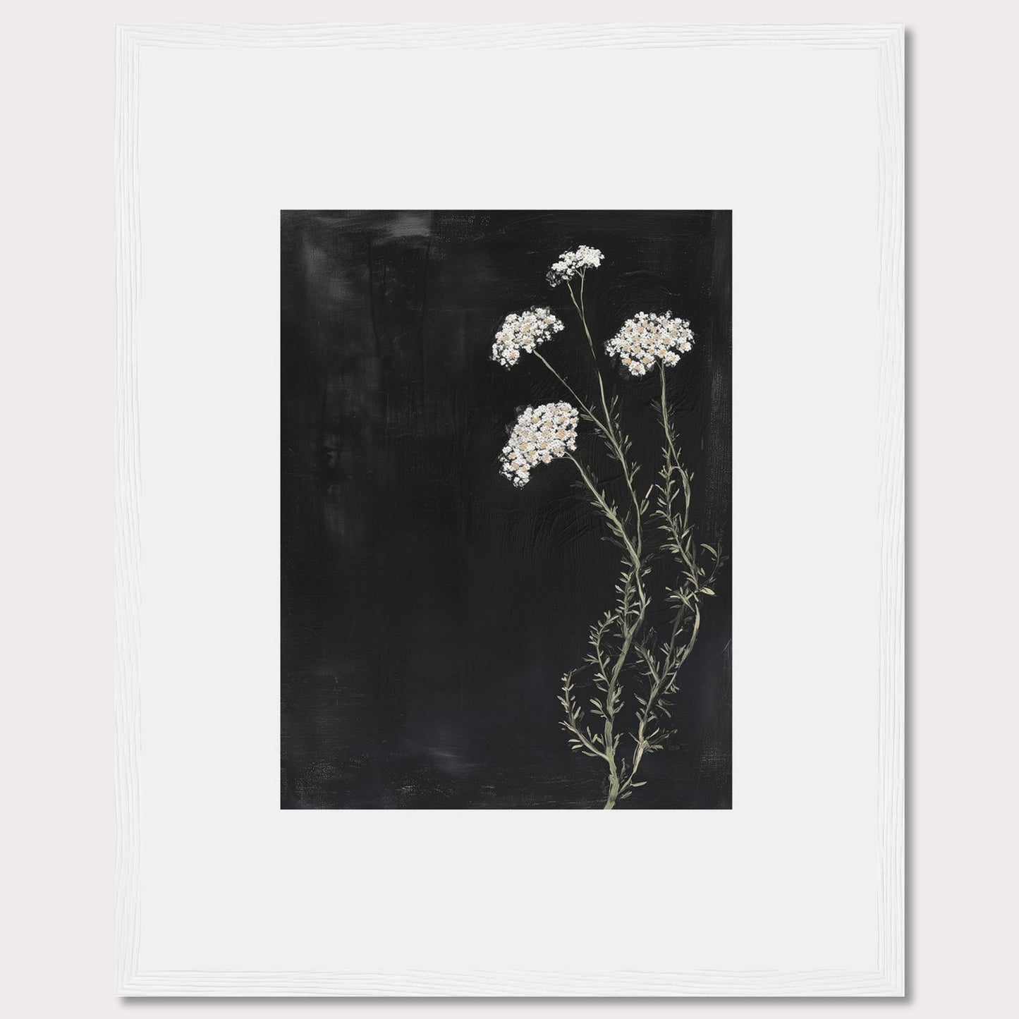 This elegant framed artwork features delicate white flowers against a deep black background, creating a striking contrast. The minimalist design emphasizes the natural beauty of the floral arrangement, making it a perfect addition to any modern interior.