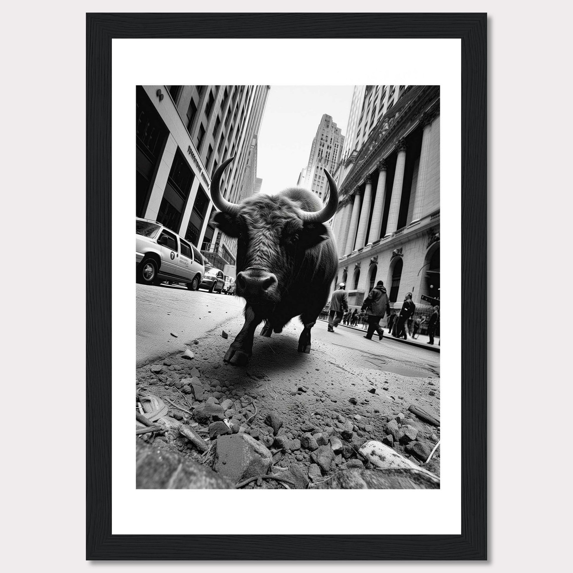 This striking black-and-white photograph captures a powerful bull striding confidently down a bustling city street. The image juxtaposes the raw strength of the bull against the backdrop of towering skyscrapers and busy pedestrians, creating a dramatic and thought-provoking scene.