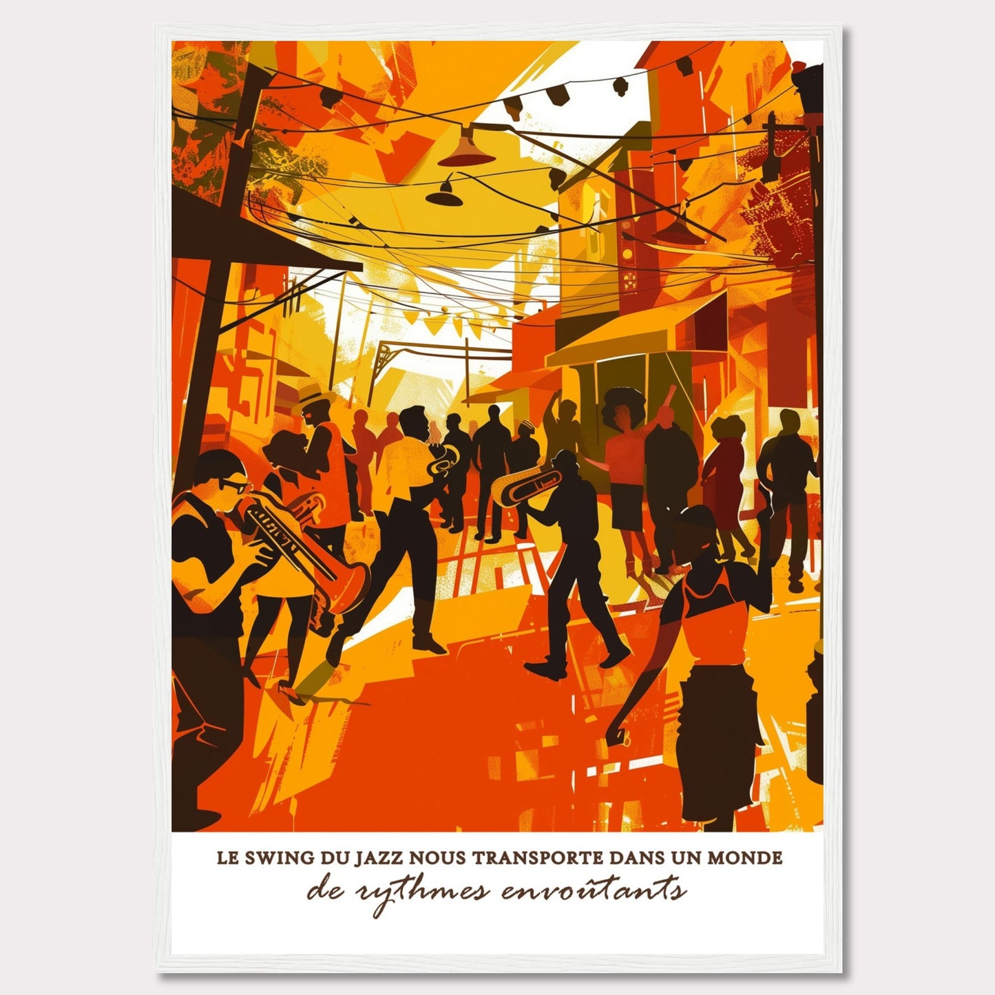 This vibrant illustration captures the lively atmosphere of a jazz street performance. Musicians with trumpets and trombones play energetically, surrounded by an enthusiastic crowd. The scene is bathed in warm hues of orange and yellow, evoking a sense of warmth and excitement.