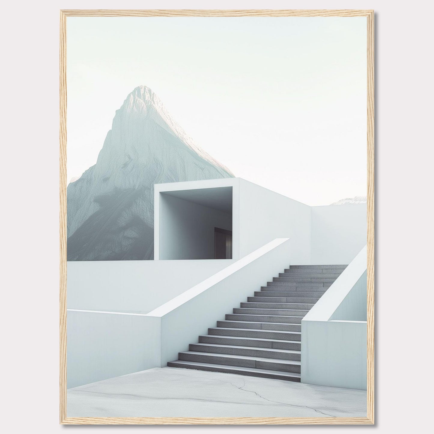 This minimalist artwork features a serene mountain backdrop with a modern architectural staircase leading to a simple, open structure. The clean lines and soft color palette evoke a sense of tranquility and sophistication.