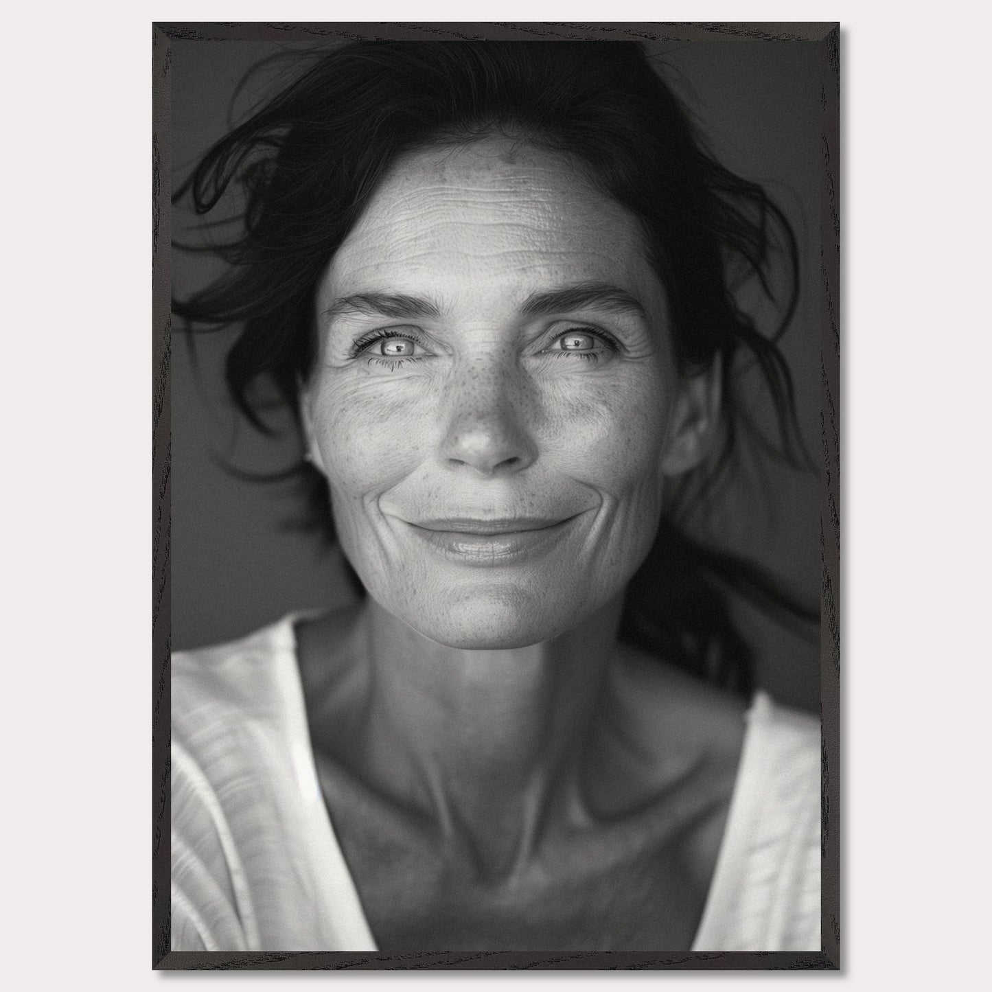 This black and white portrait captures the serene and confident expression of a woman with striking eyes and a gentle smile. The image highlights her natural beauty, emphasizing her freckles and the texture of her skin.