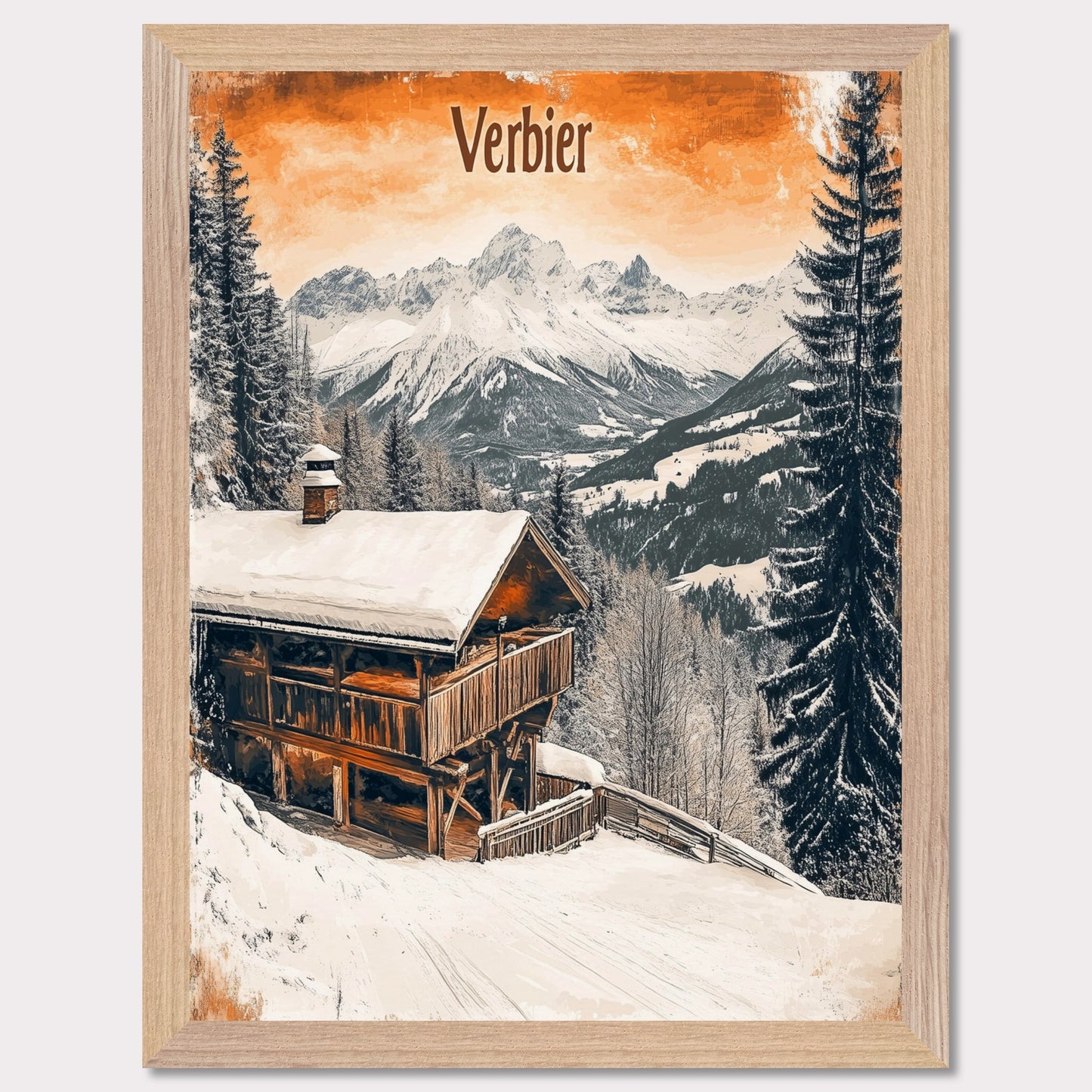 This charming retro-style poster showcases a cozy wooden cabin nestled in the snowy mountains of Verbier. The cabin, with its warm and rustic exterior, contrasts beautifully against the crisp white snow and towering, snow-capped peaks in the distance. The soft, vintage tones in the sky and the peaceful surroundings evoke a sense of tranquility and the perfect winter getaway. The gentle snowfall and warm cabin lights enhance the nostalgic feeling of a quiet retreat in the Alps.