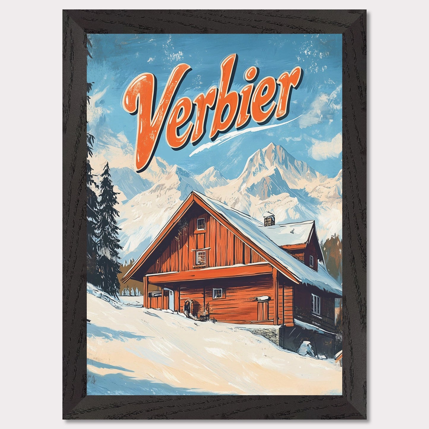 This vintage-inspired poster features a charming wooden chalet nestled against the stunning mountains of Verbier. The warm tones of the cabin contrast beautifully with the snowy landscape and towering peaks, creating a welcoming, serene winter scene. The retro design with bold typography invites viewers to imagine a peaceful retreat in the heart of the Swiss Alps, where adventure and comfort come together.