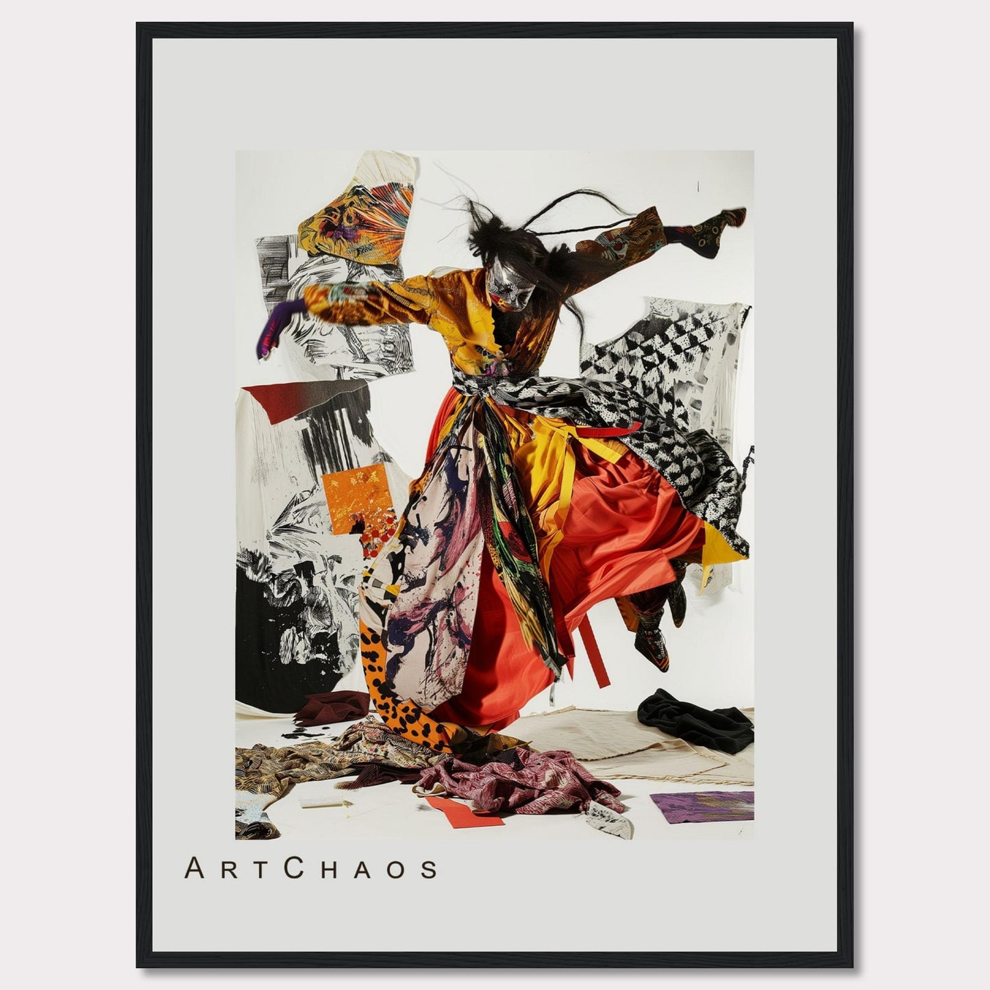 This captivating artwork features a dynamic figure in vibrant, flowing attire, seemingly caught in mid-motion. The background is a collage of abstract patterns and textures, adding depth and intrigue to the piece. The mix of bold colors and chaotic elements creates a sense of energy and movement.